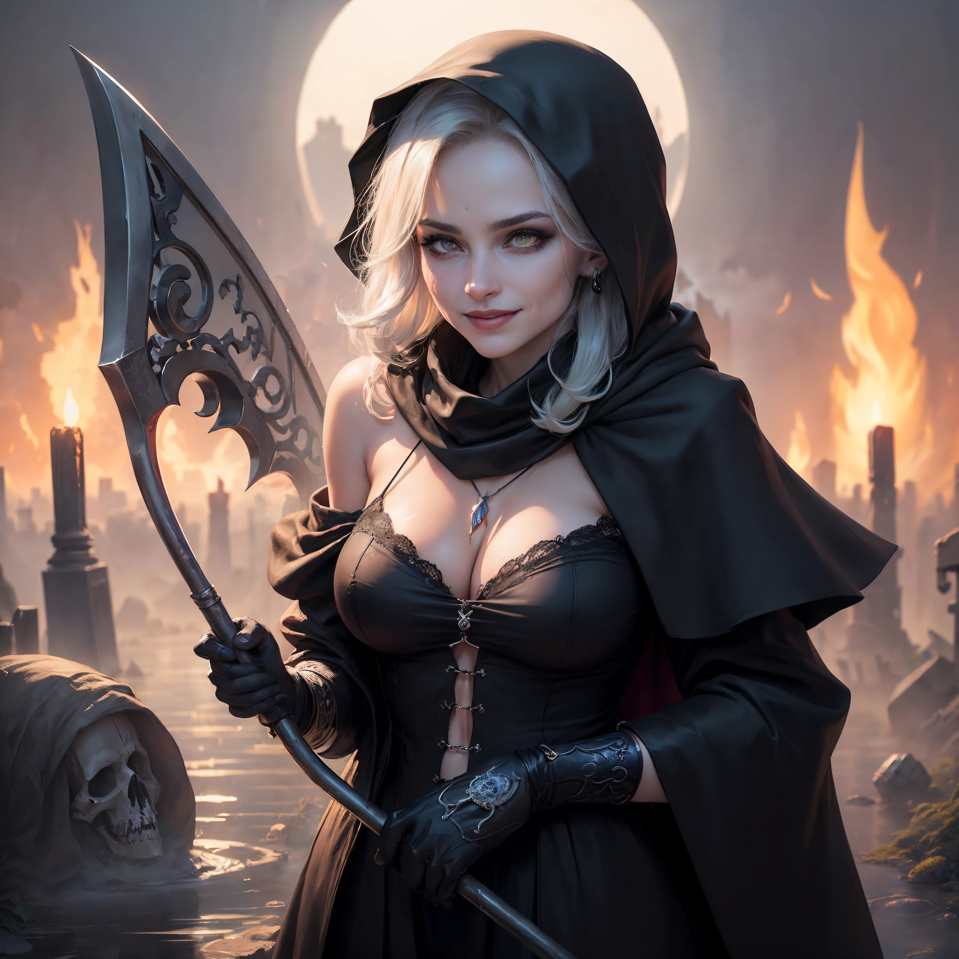 (Numerous award-winning masterpieces, with incredible detail, textures and maximum detail), (hyper realistic:1.4), (realistic:1.3), (upper body up:0.3), (best quality real texture skin), (finely detailed true circle eyes), (finely Detailed and beautiful face:1.4), (Aesthetic and decadent image:1.5), (grim reaper:1.4), (icy look in the eye), (she has a nasty smile on her face but her eyes aren't smiling:1.3), (whole body image:1.5), (It has a soul-reaping scythe in its hand:1.5), (Eyes that glow red in the dark), (Dramatic Light), sacrificial altar, (A majestic sight), (Magic Circle of Ominous Shine:1.3), Her countenance is gentle and beautiful, but somehow terrifying, (Large wings with ragged black feathers behind shoulders:1.3), (whole body image:1.5), (Wears a dark black hooded robe with intricate patterns:1.2), (A sack containing reaped souls with a faint glow:1.5), Folded wings, Earrings with a skull pattern, (Followed by Skeleton Reaper: 1.3), (((dramatic photo))), (twilight), (sunset), (dusk), ((dramatic pose)), (flamboyant photo), (golden hair), (silver hair), (chestnut hair), ((looks up)), ((looking down)), (whole body image:1.5), (Around her neck is a simple necklace of exquisite workmanship), Forgotten Tomb Overgrown with Vegetation, Great Tomb, Underground Labyrinth, Evil Temple Ruins, Sacrificial Temple, Mysteriously, Ancient Castle Ruins, Deserted Graveyard Ruins, Crumbled Ancient Tomb, Stagnant Water Ancient Ruins, Swamp Ruins, wavelets, running water, Shining majestic cloud masses and sky, lightning bolt,