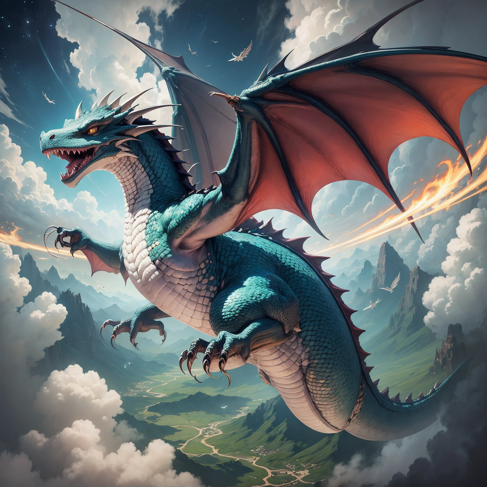 ferocious dragon flying in space, open wings --auto --s2
