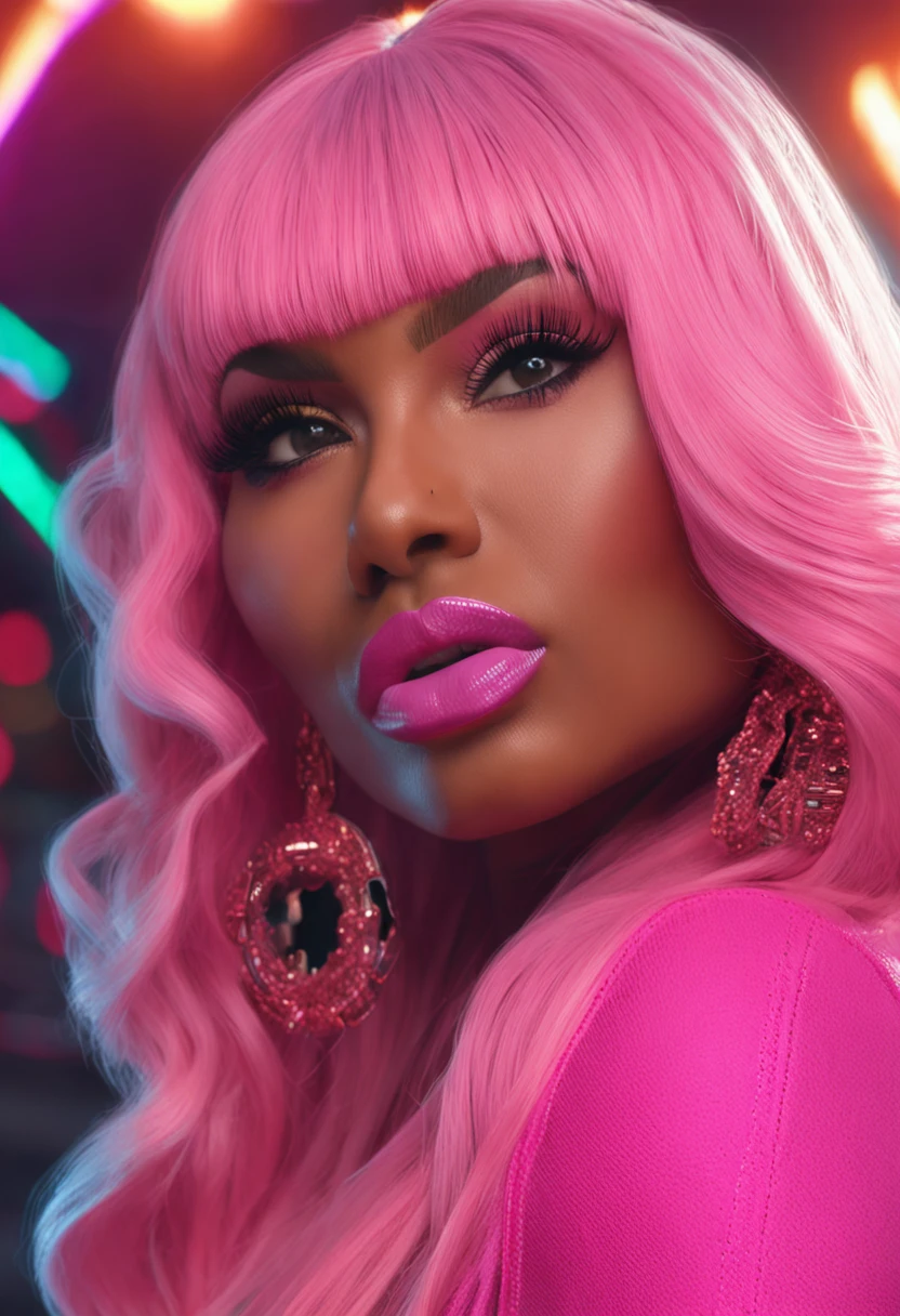 Niki Minaj face with long pik hair curvy thick bootty  pink eyes