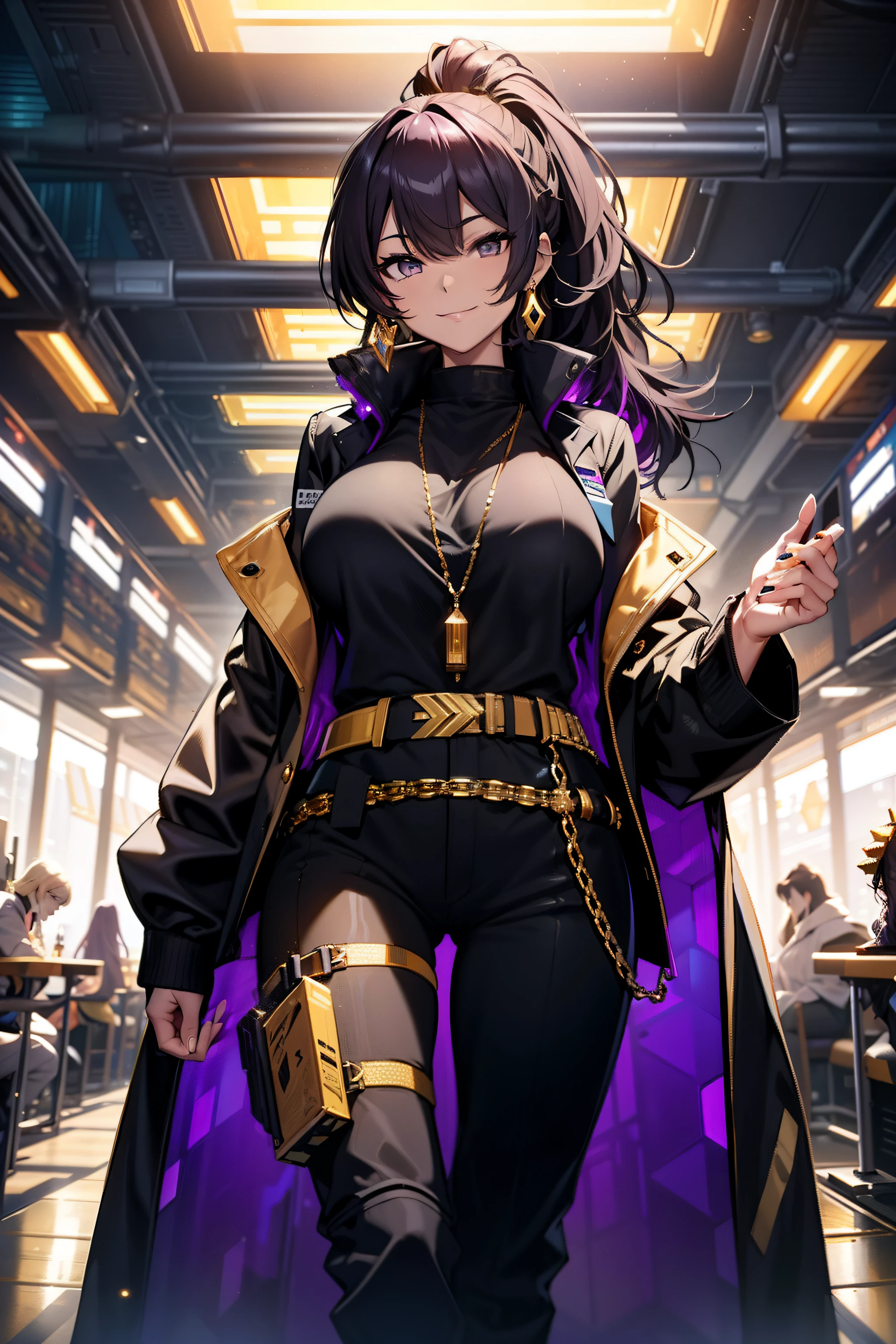 smug smiling woman, long curly dark purple hair in a ponytail, gold eyes, gold hexagonal earrings, chains, (baggy oversized black shirt with hexagonal designs), ((black and gold lab coat)), sci-fi purple lights on her coat, green pants, massive breasts, large hips, ((standing in an elaborate sci-fi laboratory)), sci-fi, futuristic, ultra HD, masterpiece quality, high quality, top quality, perfect quality, gorgeous quality