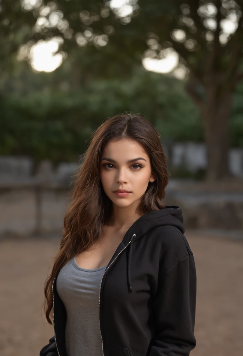 mulher sexy, 20 anos, esguio, atletic, pele bronzeada brilhante, Seios enormes, cintura fina, cabelos loiros cacheados, Realistic, fotografia, real, natural, with a black hoodie on, at night at a park