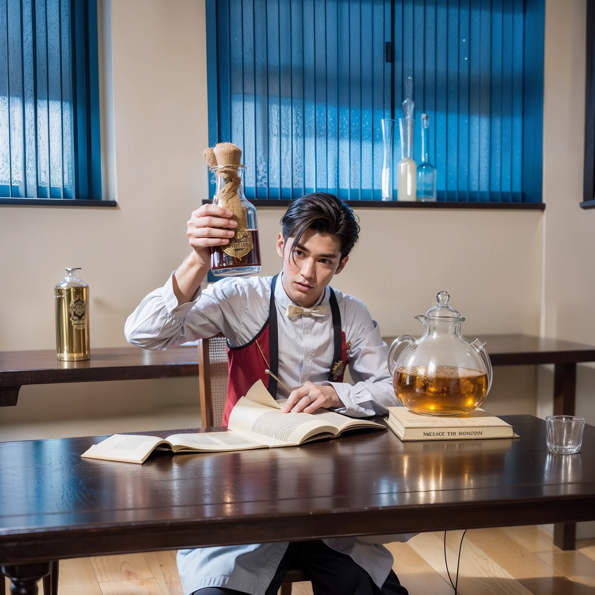 Homen, making magic potions, na escola de Magia e Bruxaria de Hogwarts, extremamente realista
