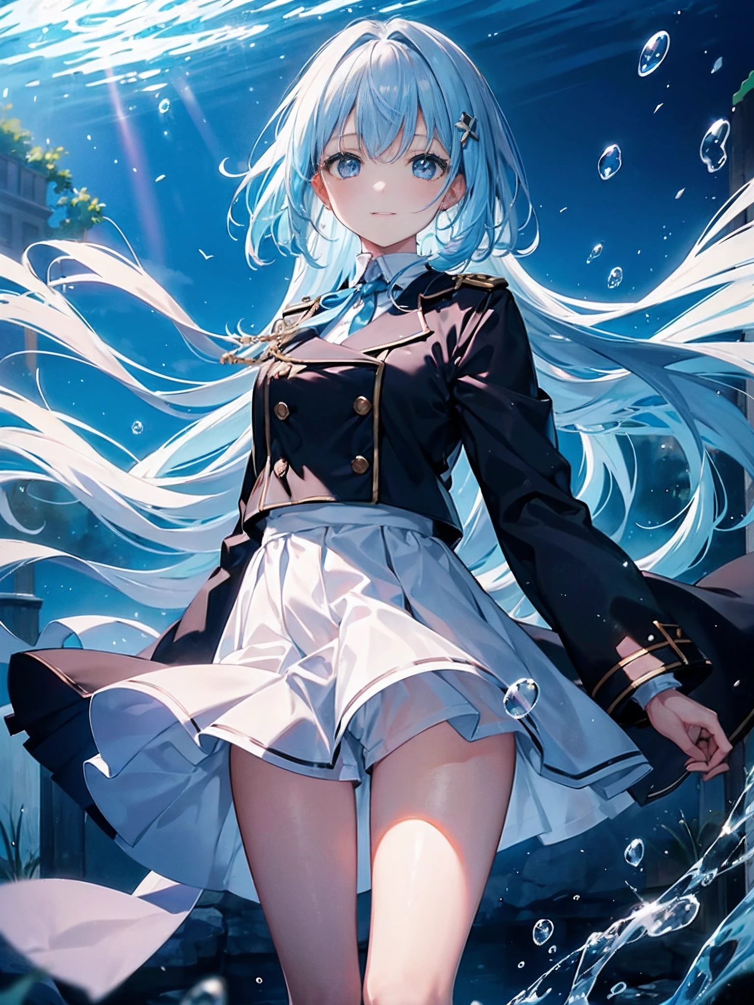 (((​masterpiece)))、(((top-quality)))、((ultra-detailliert))、(illustratio)、((extremely delicate and beautiful))、、Bright smile、floating、Light purple hair、(Detailed light) (1girl in)、、独奏、The long-haired、The wind is blowing、A WORLD、（cute eye:1.5）、cold attitude,((Black jacket)),She is very(relax)with  the(Settled down)Looks,A dark-haired, depth of fields,evil smile,Bubble, under the water, Air bubble,bright light blue eyes,Inner color with light blue hair and dark blue tips,Cold background,Bob Hair - Linear Art, shortpants、knee high socks、White uniform like school uniform、Light blue ribbon ties、Clothes are sheer、Hands in pockets