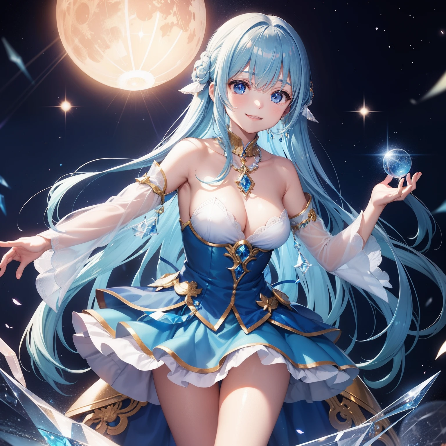 Chibichara、a smile、Blue Long Hair、Engaging pose、Blue costume、Fantasia、Luminous Crystal、Holding a crystal ball、constellation、a moon
