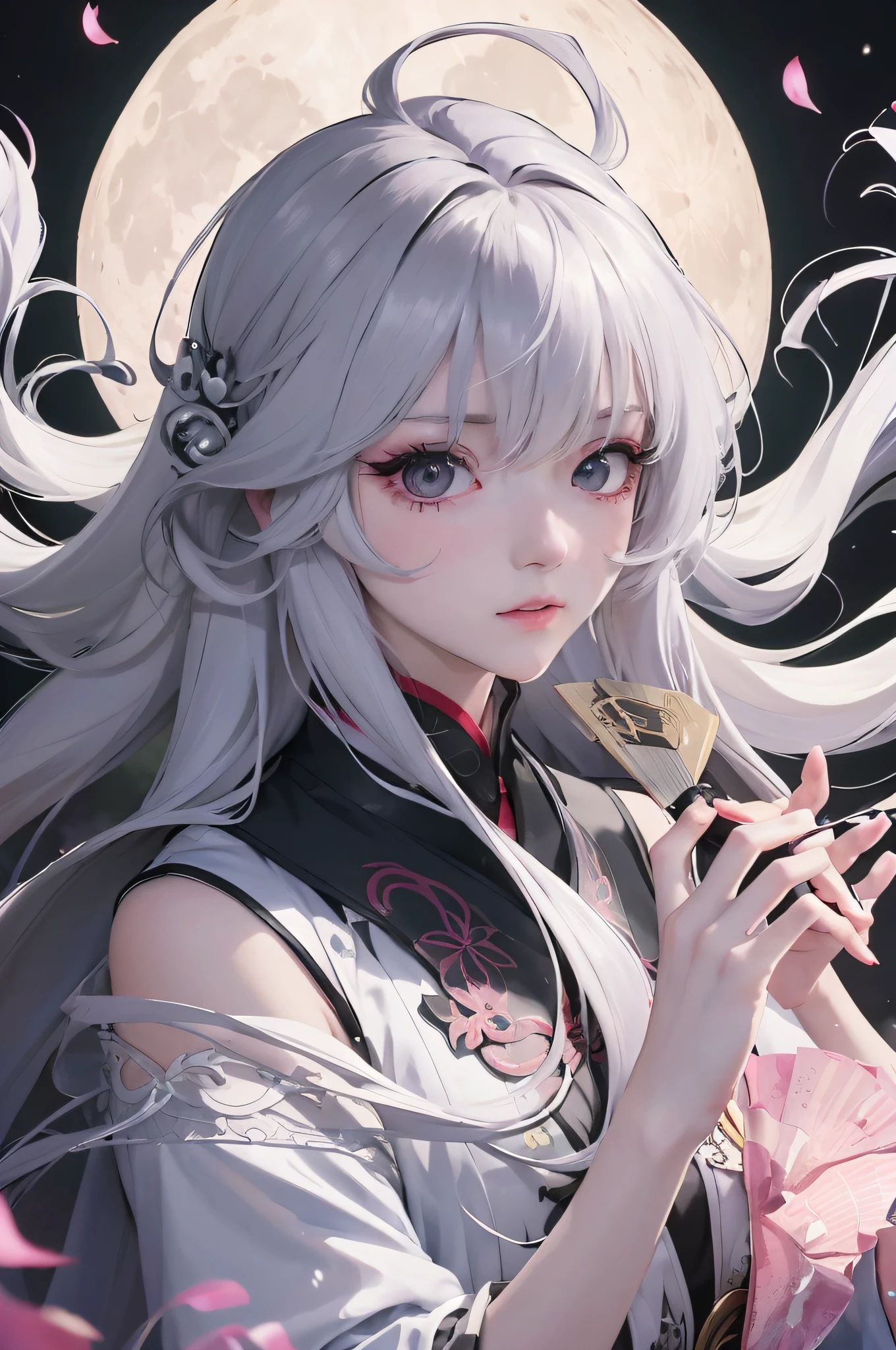 Anime girl with long white hair holding microphone before full moon, white-haired god, onmyoji portrait, Detailed digital anime art, Anime art wallpaper 8 K, Best anime 4k konachan wallpaper, Guweiz in Pixiv ArtStation, a beautiful anime portrait, style of anime4 K, Digital anime illustration, Anime art wallpaper 4 K,beautifullegs