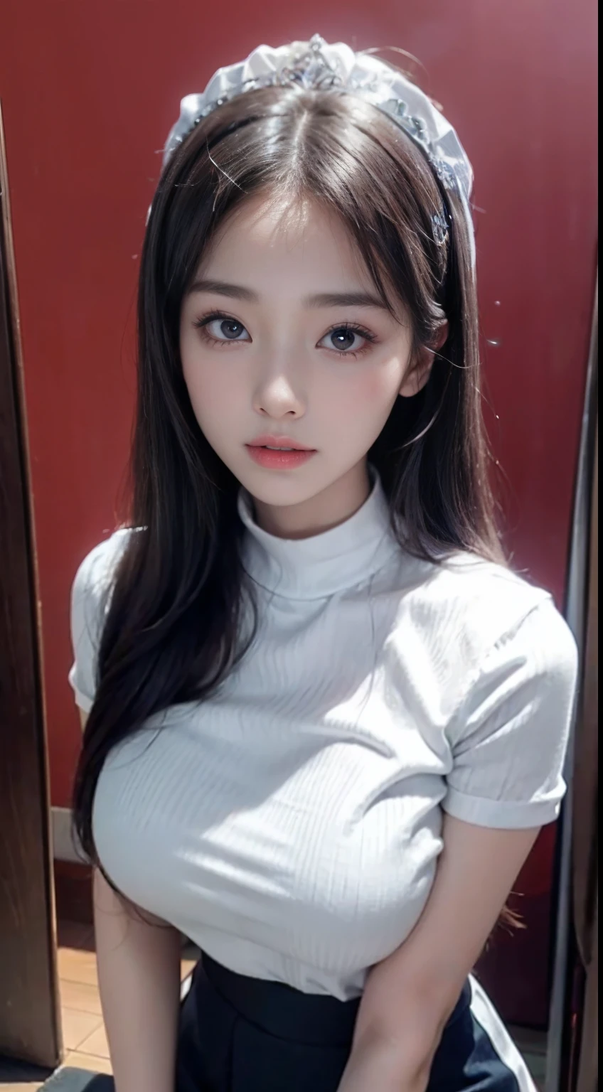 Super high resolution, see-through transparent clothes,1girll,Close-up photo of girl in headdress, ultraclear, Flawless and delicate face, Truly delicate skin, big breasts beautiful, Delicate and clear eyes, Look at the screen, Simple, (simple red background), Best quality, High details, HD, 16k,(Childlike face:1.3),(浴室:1.5),(Transparent shirt:1.3),