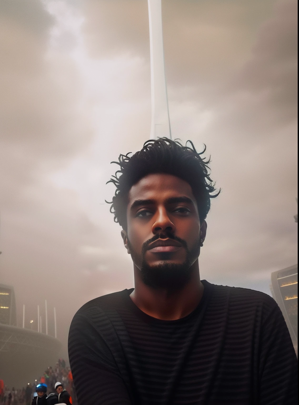 Futuristic world cup stadium in the background