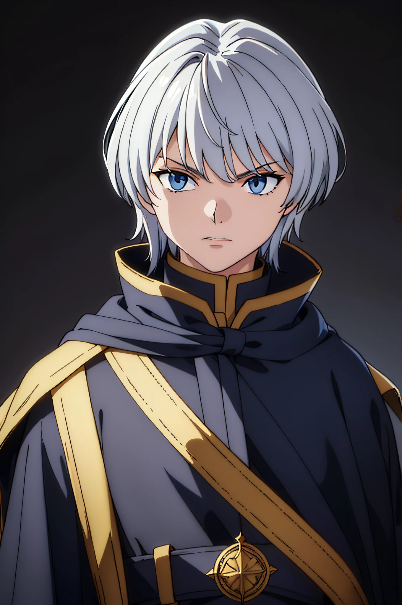 14-years-old-boy. silver blue hair. Middle hair. Serious eyes. Golden eyes. Black cloak. (Half body: 2)