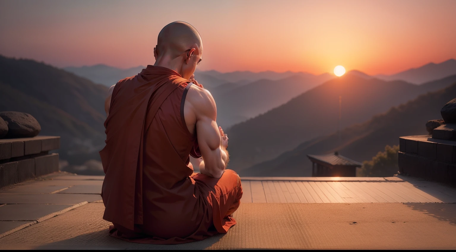 create a buddhist monk praying with his back facing the sunset