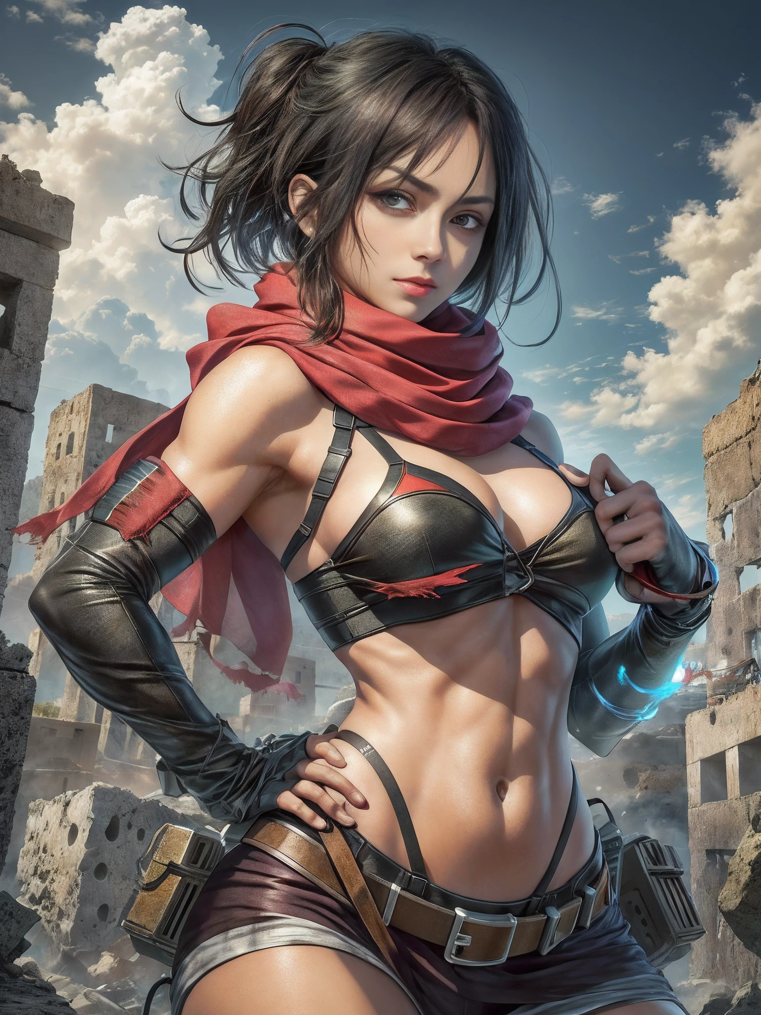 Imagem de Mikasa Ackeman, master part, best quality, seios grandes, peituda, Corpo Perfeito, 1 girl, Mikasa_Ackerman, red scarf, heaven, sombrio, postura de luta, gangue sinistra, Butyric acid, minimalismo, Arte de impacto, ruins, olhos negros, Close-up. peitos grandes, corpo definido, guerreira, sensual, zoom em seus olhos, Mikasa is in her bed at night, (1girl em)、(realisitic)、( fotorrealista:1.5)、Batomornsardas、cabelos pretos, 8k UHD、(filmgrain) extremamente delicado e bonito、8k, alta qualidade、alta resolução, ju、ighly detalhado、belos olhos detalhados、 olhos e rosto extremamente detalhados、obra prima、(lighting like a movie)、(pele de alto detalhe:1.2)、8k UHD、Digital SLR、a strong lighting of fire、alta qualidade、filmgrain、obra prima, qualidade superior, alta qualidade, alta resolução, ((muito nitido)), Photo taken with long-range professional camera, alta qualidade, preservar face, sensual