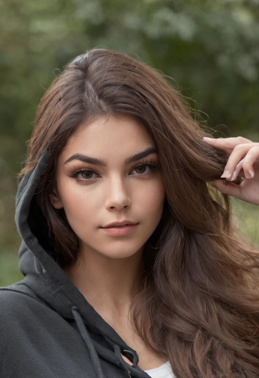 mulher sexy, 20 anos, esguio, atletic, pele bronzeada brilhante, Seios enormes, cabelos loiros cacheados, Realistic, selfie, snapchat, real, natural, with a black hoodie on, at night at a park, hoodie on, a little blurry