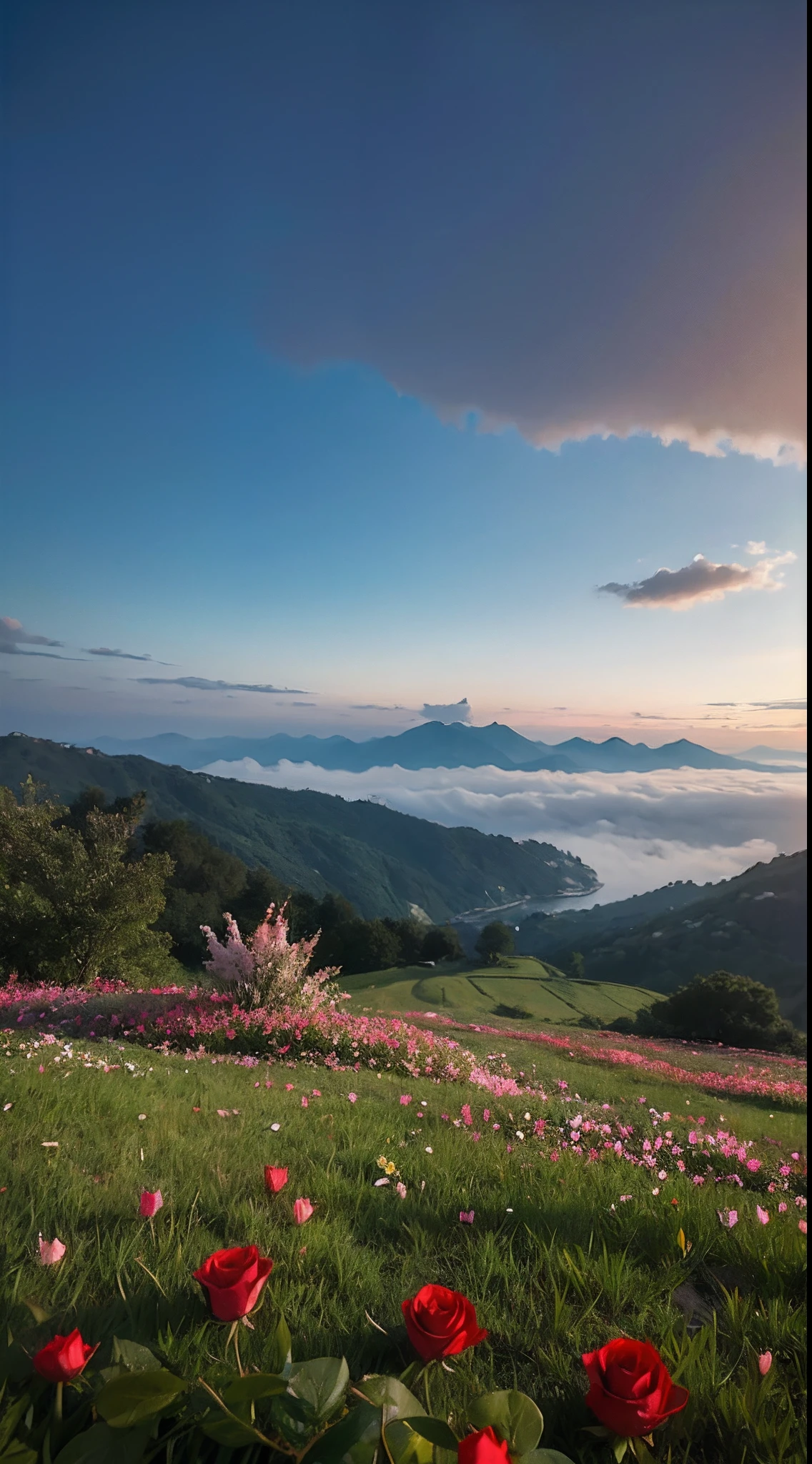 look from down, Above is the sky, morningglow, thin fog, In the distance are mountains, Below is the hillside, A red rose, Porcelain petals, There are crystal clear water droplets on the petals, (There are water droplets on the petals), Green flowers and leaves, Water droplets on flowers and leaves, (Realiy), Roses make up one-tenth, From below, Depth of field, High detail, back lit lighting, 8K, Masterpiece, ccurate, High quality
