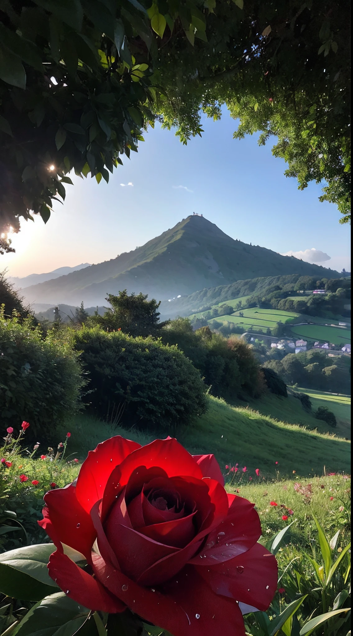 look from down, Above is the sky, morningglow, thin fog, In the distance are mountains, Below is the hillside, A red rose, Porcelain petals, There are crystal clear water droplets on the petals, (There are water droplets on the petals), Green flowers and leaves, Water droplets on flowers and leaves, (Realiy), Roses make up one-tenth, From below, Depth of field, High detail, back lit lighting, 8K, Masterpiece, ccurate, High quality