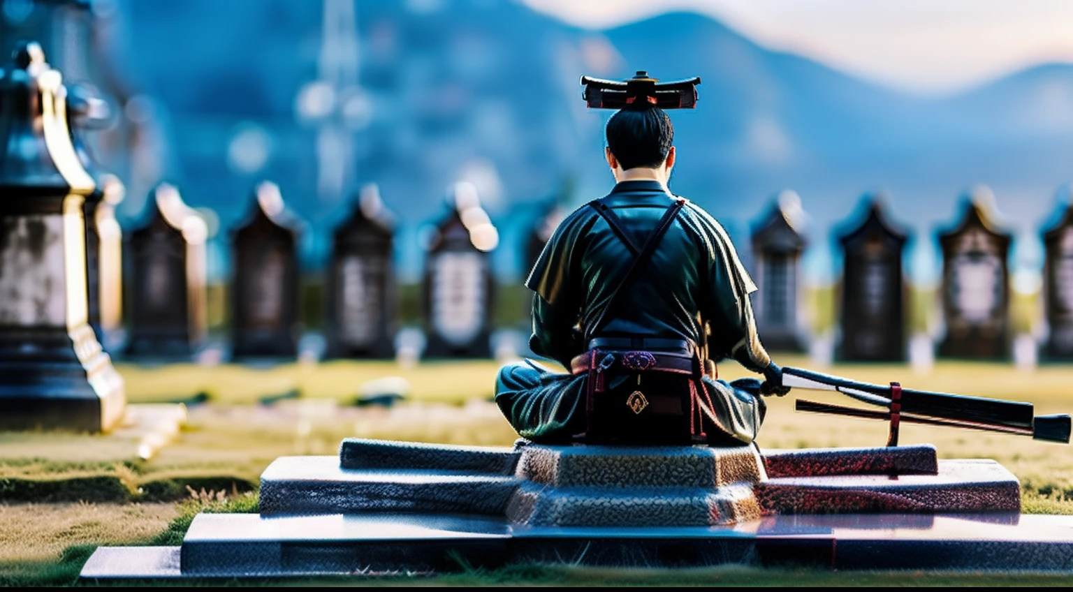 Create a realistic image of a samurai kneeling with his head sadly down on a tombstone