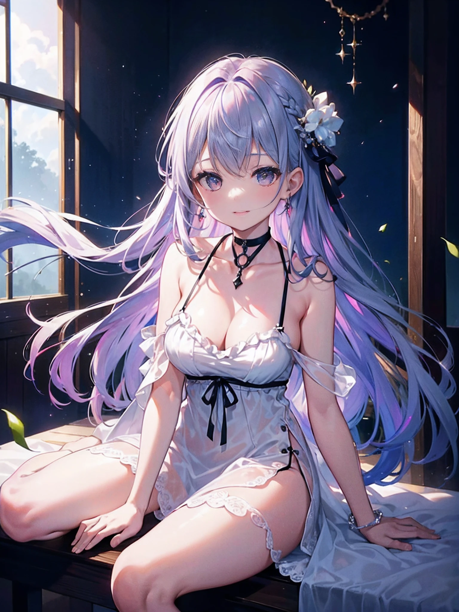 (((masterpiece)))、(((top-quality)))、((ultra-detailliert))、(illustratio)、((extremely delicate and beautiful))、、Bright smile、floating、Light purple hair、(Detailed light) (1girl in)、、独奏、The long-haired、The wind is blowing、A WORLD、(cute eye:1.5)、Printed Slip Night Dress,Slip Night Dress,Slip Night Dress,hair adornments,choker necklace,jewely,beautiful expression,Red High Gloss Lipstick,Physical,Sitting at the bedside,sitted,dingdall effect,realisticlying,Dark Studio,edge lit,two tone lighting,(highdetailskin:1.2),8K Ultra HD, Digital SLR, softlighting, hightquality, volumettic light, Sneak Shots, Photore, hight resolution, 4K, 8K, Background bokeh,