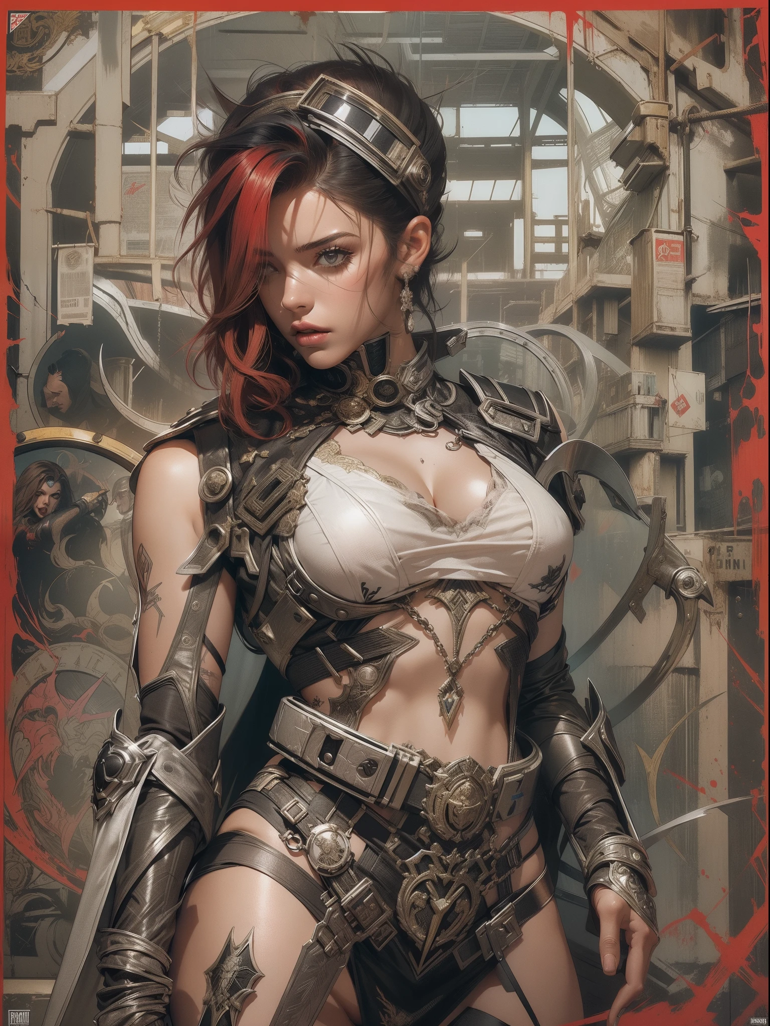 (((mulher))), (((melhor qualidade))), (((obra prima))), (((adulto))), (((1girl))), ((( corte de cabelo bob ))), Uma gladiadora cyberpunk mulher de 25 anos com corpo perfeito, shoulder pads with metal spines, Gladiadores do Brooklyn, (( corte de cabelo bob )), tiny leather panties, transparent body showing the forget, quase nua no estilo selvagem urbano de Simon Bisley para a capa da revista Heavy Metal, Cabelo loiro curto, Minimum clothing, Metal protection on the left arm with intricate graphics, Vermelho escuro com estrelas brancas e respingos de preto e branco, armadura, cheio de espinhos, (((do joelho pra cima))), cabelos loiro branco curto, no fundo uma parede pintada por Shepard Fairey com um design intrincado