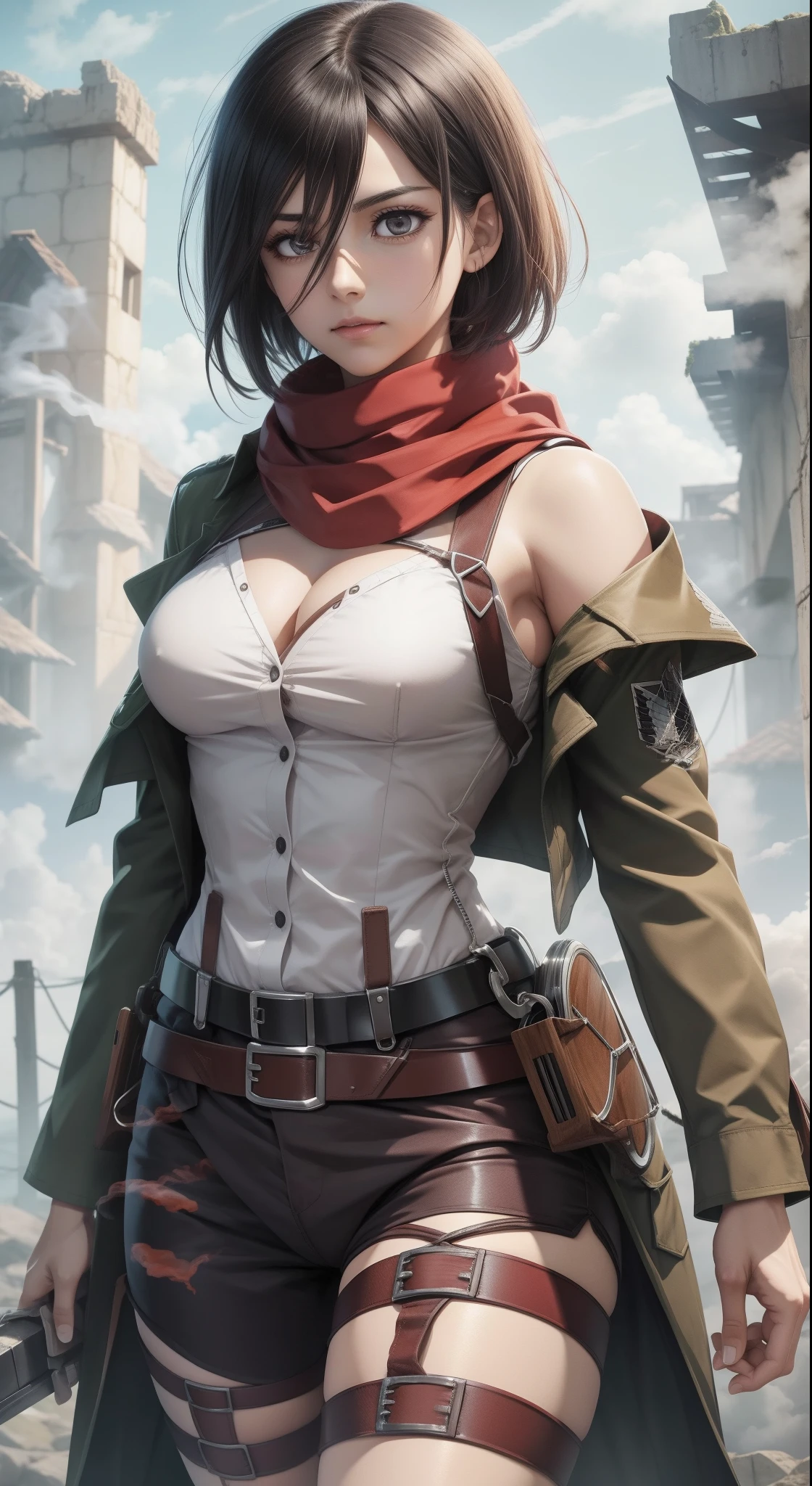 Estilo AOT, Shingeki no Kyojin,
Mikasa Ackerman,clivagem,Traje fora do ombro
1Menina, arm strap, franja, cabelos pretos, black pants, seios, cowboy shot, brasas, olhos verdes, fundo cinzento, cabelo entre os olhos, harness, mangas compridas, Olhando para o Viewer, medium breasts, Pants, red scarf, echarpe, camisa, short hair, smoke billowing, sozinho, thigh strap, jaqueta marrom, camisa branca, Corps of Inquiry \(emblema\)
, ((master part)), best quality
,