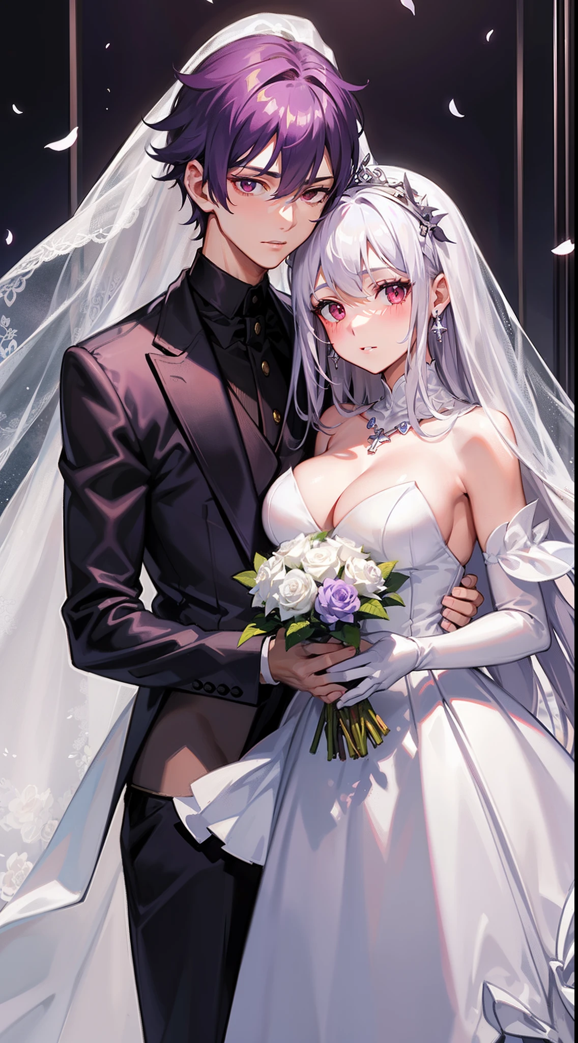 1boy,1girl,( white hair,white_hair,silver_hair,silver hair,red eyes)bangs, bare shoulders, black gloves, blush, bouquet, breasts, bridal veil, cleavage, closed mouth, collarbone, cross, cross necklace, dress, earrings, elbow gloves, eyebrows visible through hair, flower, formal, gloves, grey vest, hair between eyes, holding, holding bouquet, jacket, jewelry, large breasts, long hair, long sleeves, looking at viewer, necklace, pants, purple eyes, purple flower,( purple hair), red eyes, rose, short hair, simple background, suit, tiara, veil, wedding dress, white dress, white flower, white gloves, white jacket, white pants, white rose, white suit