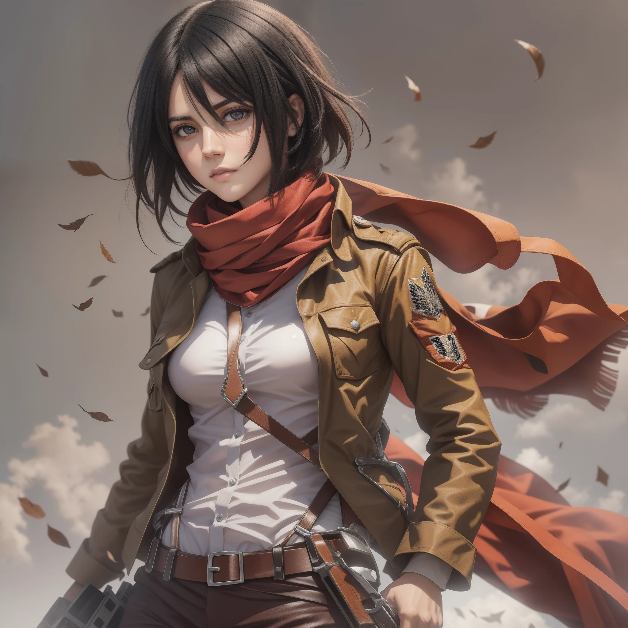 "master part, melhor qualidade, Altas, Hmmikasa, short hair, olhos negros, echarpe, emblema, belt, thigh strap, red scarf, white pant, jaqueta marrom, mangas compridas, segurando arma, espada, ao ar livre, fundo muito detalhado, mikasa ackerman, shingeki no kyojin, 1girl, franja, cinto, fivela de cinto, olhos pretos, cabelo preto, cinto marrom, jaqueta marrom, fivela, camisa social, cabelo entre os olhos, jaqueta, mangas longas, mid hair, roupas abertas, jaqueta aberta, boca aberta, paradis uniforme militar, red scarf, cachecol, camisa, solo, standingn, cabelo liso, suspenders, equipamento de manobra tridimensional, fundo branco, camisa branca, colarinho de asa, obra-prima."