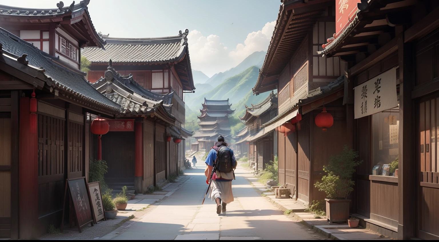 create a realistic image of a Chinese village with shops and a samurai walking down the street with a backpack on his back