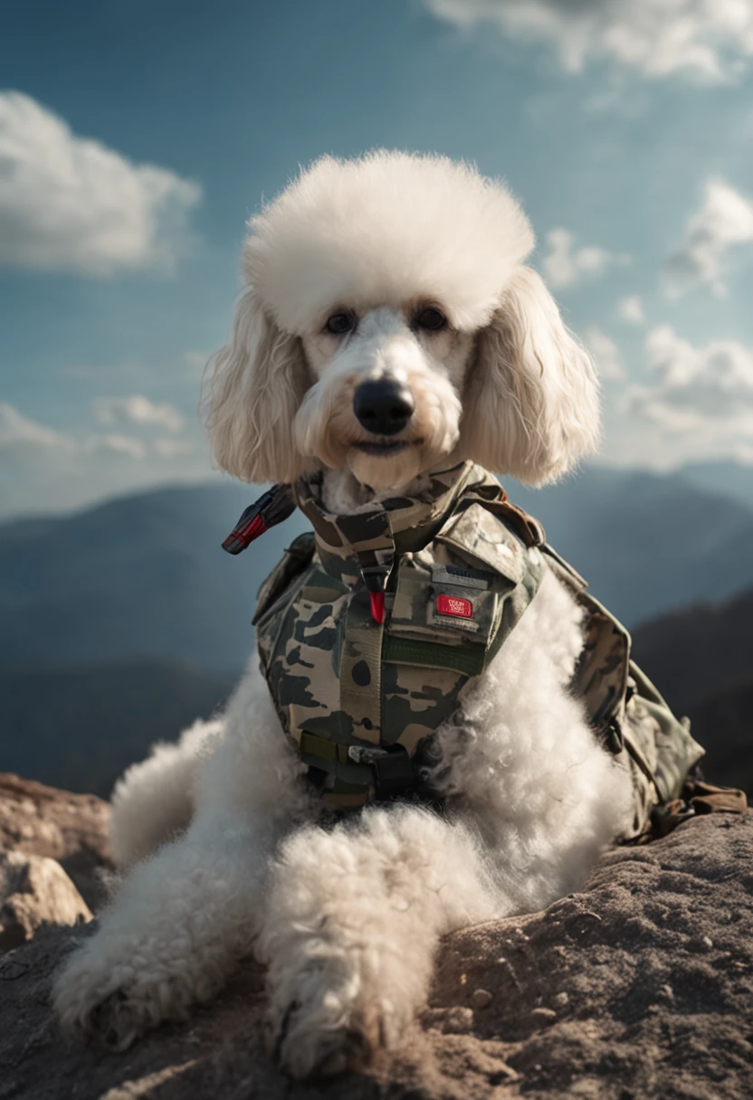 very large and strong white poodle with rock-tipped topknot and camouflage vest sitting on a mountain