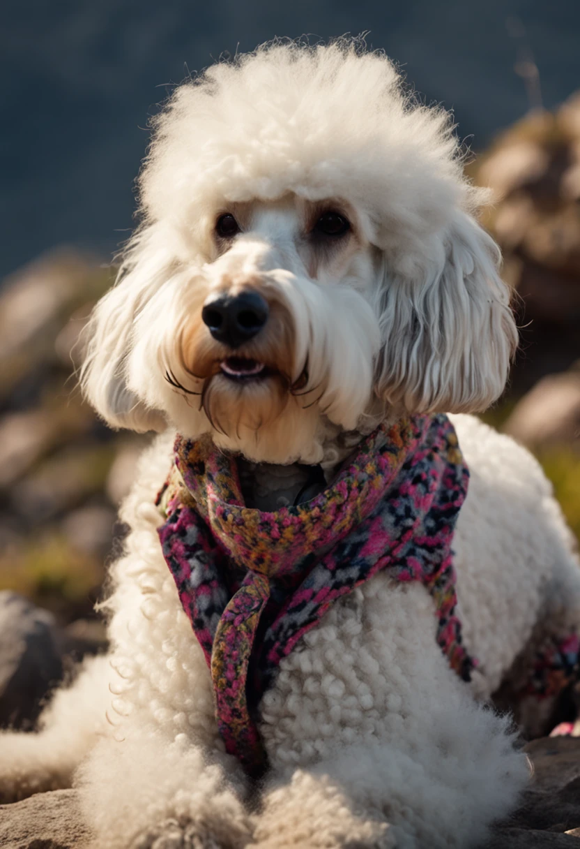 very large and strong white poodle with rock-tipped topknot and camouflage vest sitting on a mountain