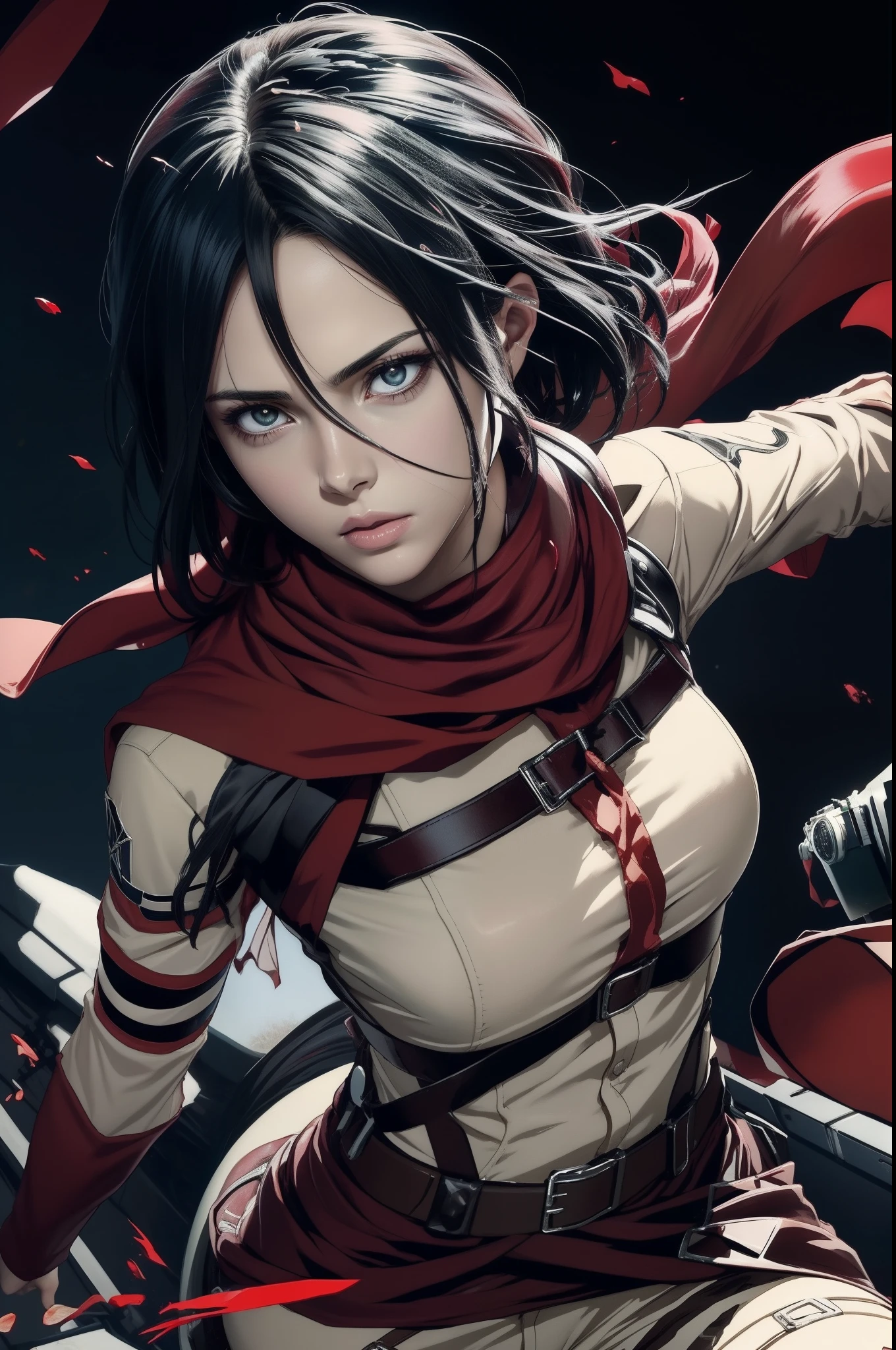 Mikasa Ackerman, female action anime girl, postura, attack on titans, Uma cena do《attack on titans》, personagem de anime feminino, protagonista feminina 👀 :8, Fubuki, garota de anime desonestos, figura do anime, (Attack on Titan anime), protagonista feminina, Gatilho Estilo de Arte de Anime，1girl， dinamic angle， splashart， [（Arte de Arthur Dove：0.7）|A arte de Lyubov Popova]， rendering by octane， Full photo of charming Amish male silk weaver， Sombras CEL， Veludo， Fitas， arte oficial， Unity 8k Wallpapers， Ultra - Detalhado， esthetic， tmasterpiece， melhor qualidade， fotorrealista, peitos grandes, corpo definido, guerreira, sensual, zoom em seus olhos, Mikasa is in her bed at night, (1girl em)、(realisitic)、( fotorrealista:1.5)、Batomornsardas、cabelos pretos, 8k UHD、(filmgrain) extremamente delicado e bonito、8k, alta qualidade、alta resolução, ju、ighly detalhado、belos olhos detalhados、 olhos e rosto extremamente detalhados、obra prima、(lighting like a movie)、(pele de alto detalhe:1.2)、8k UHD、Digital SLR、a strong lighting of fire、alta qualidade、filmgrain、obra prima, qualidade superior, alta qualidade, alta resolução, ((muito nitido)), Photo taken with long-range professional camera, alta qualidade, preservar face, sensual