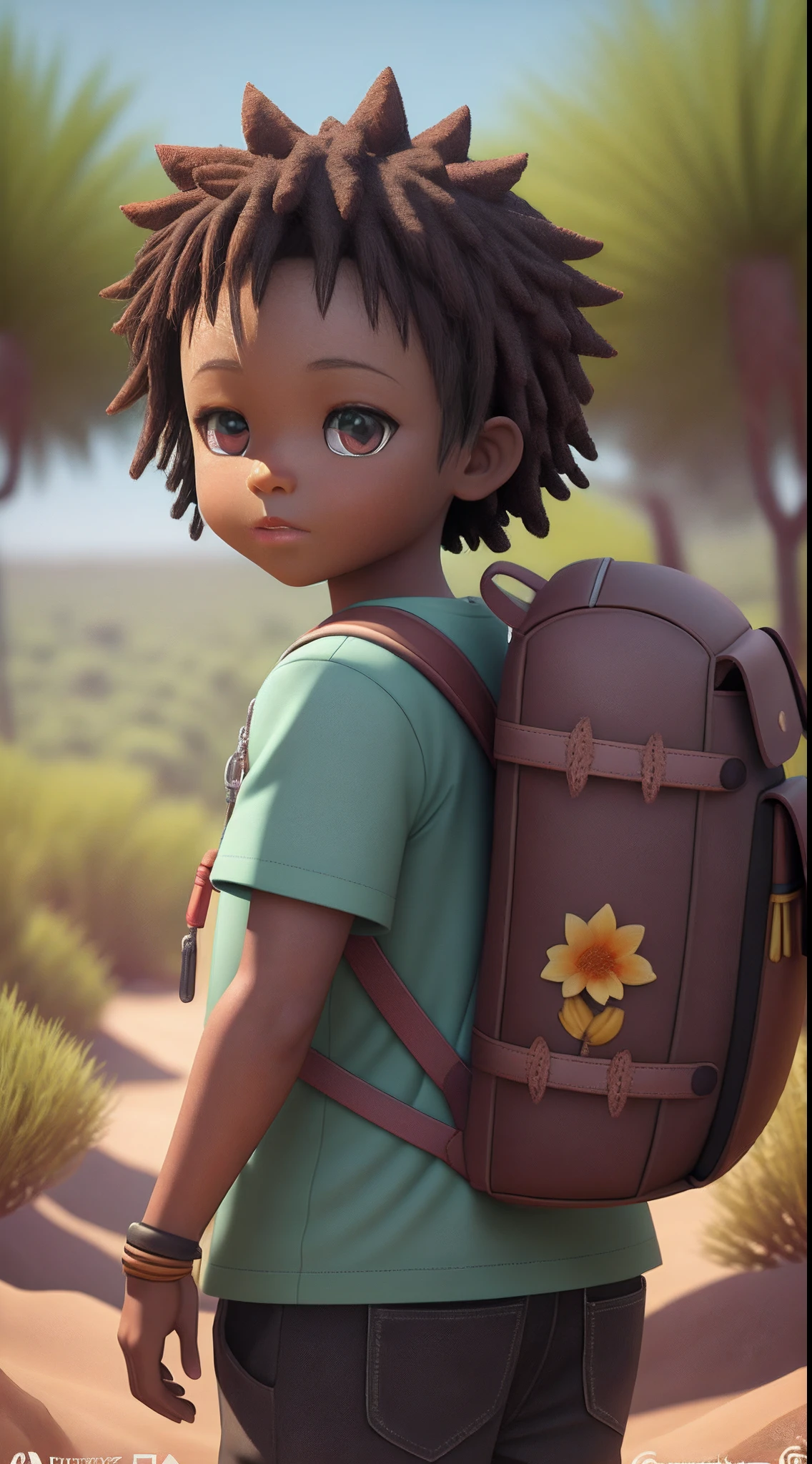 There is a poster with a cartoon character on an Ankh wire and backpack, rapaz  explorador mini menino Africano, muito bonito, pele negra , cabelo cacheado curto, andando no deserto, selva de flores, animation-style rendering, cute 3d rendering, personagens pequenos. anime estilizado, arte digital detalhada bonito, chamado Mbumba, 8 K, 3d rendering stylized, Surreal adventure rendering, estilo anime 3D, 3d rendering stylized.