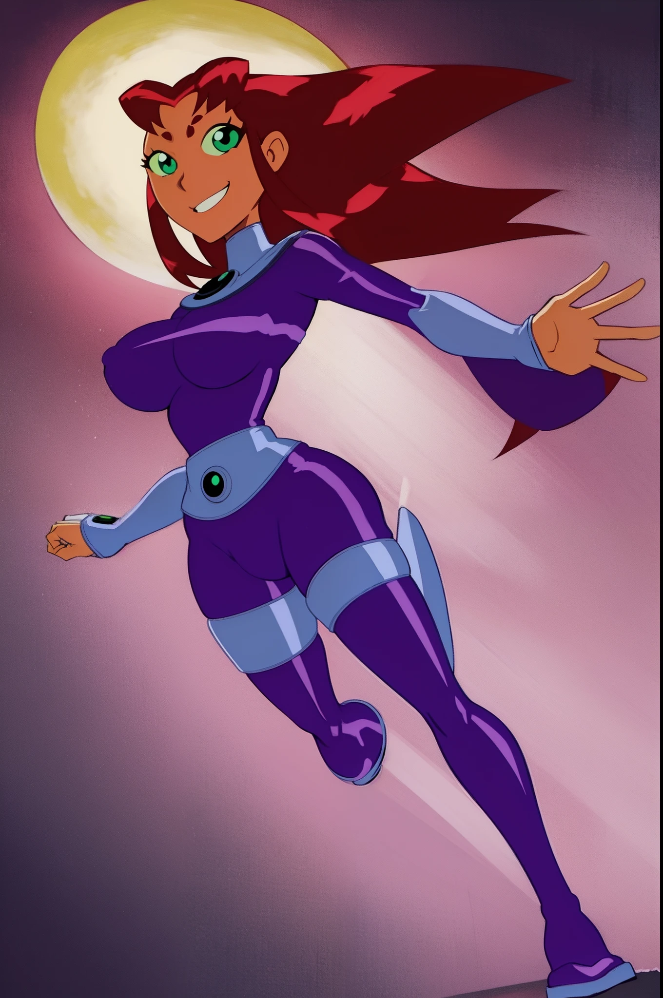 starfire, anime, standing, full body, curvy, smile, big breast,kimono, pants, pantyhose, full body suit