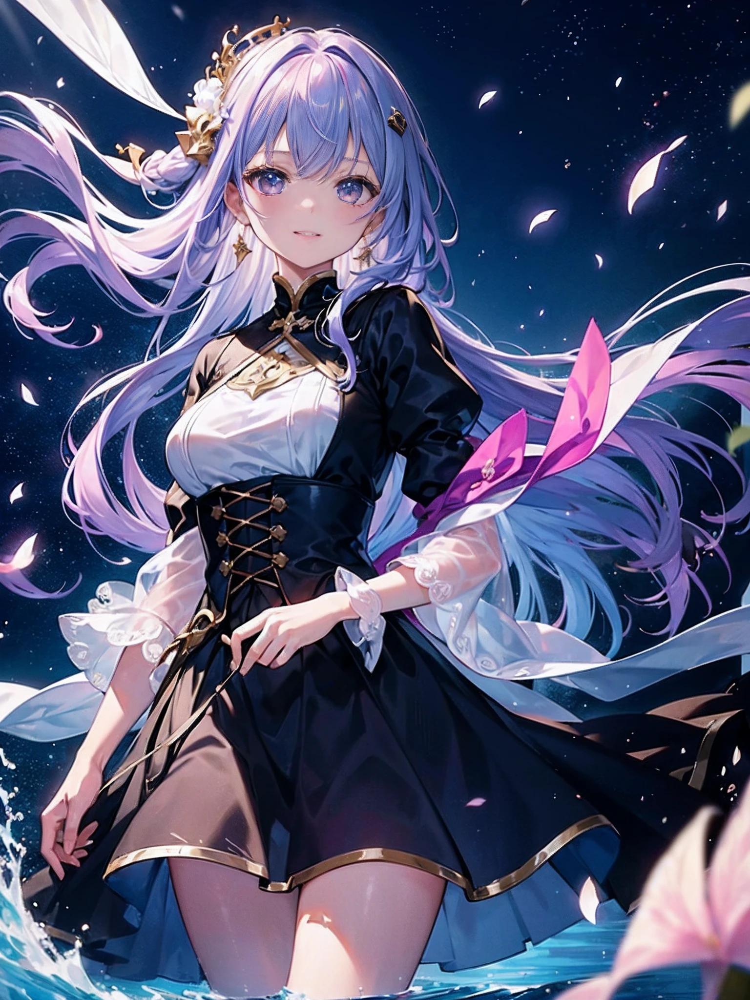 (((masterpiece)))、(((top-quality)))、((ultra-detailliert))、(illustratio)、((extremely delicate and beautiful))、、Bright smile、floating、Light purple hair、(Detailed light) (1girl in)、、独奏、The long-haired、The wind is blowing、A WORLD、(cute eye:1.5)、More than darkness, Deeper than night, Wander the Sea of Chaos ,Golden Dark King