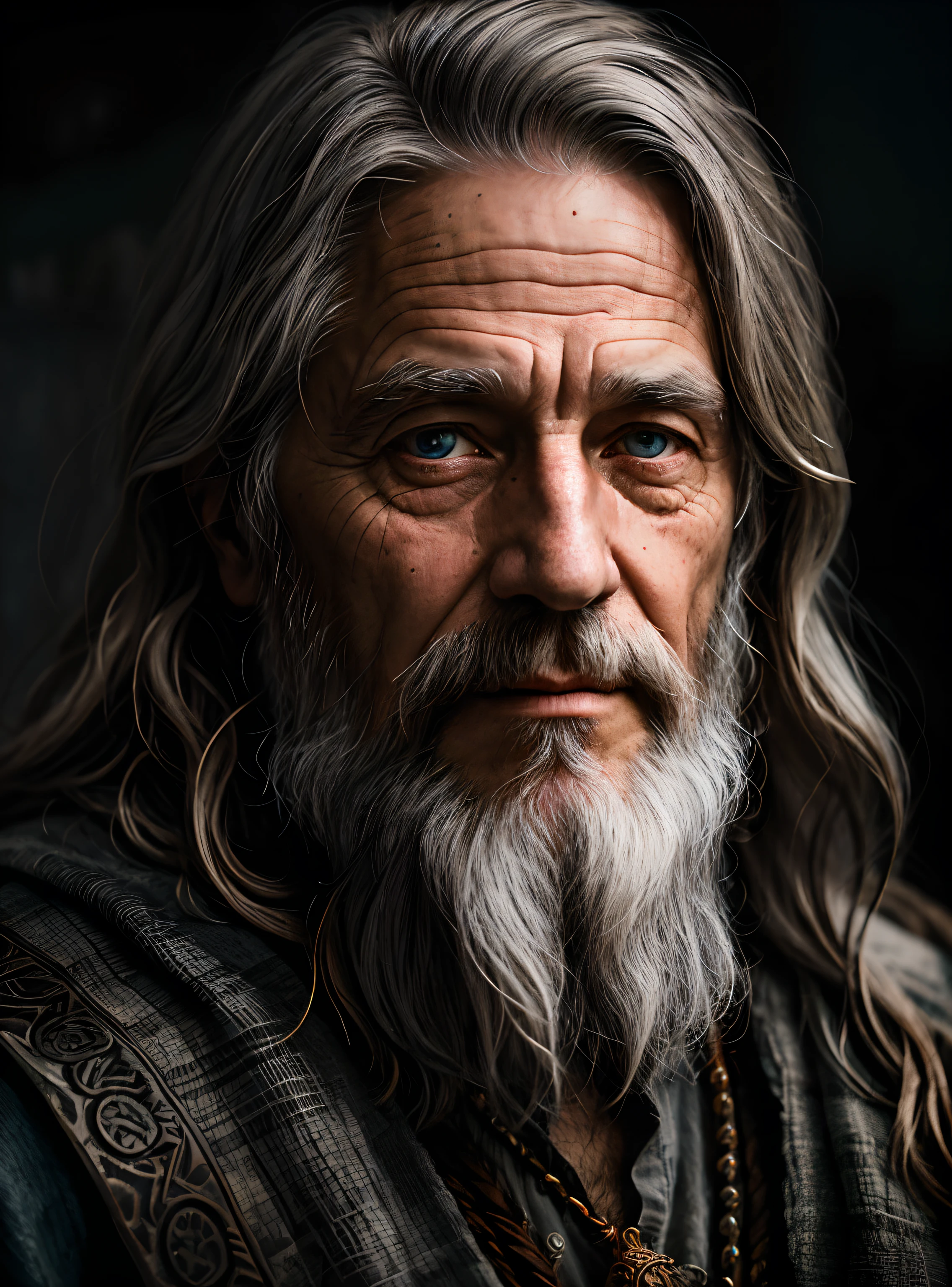 A portrait of a wizard, bearded, wrinkled, weathered, with piercing eyes, detailed face, high details, photography, dark studio, rim light, Nikon D850, 50mm, f/1.4