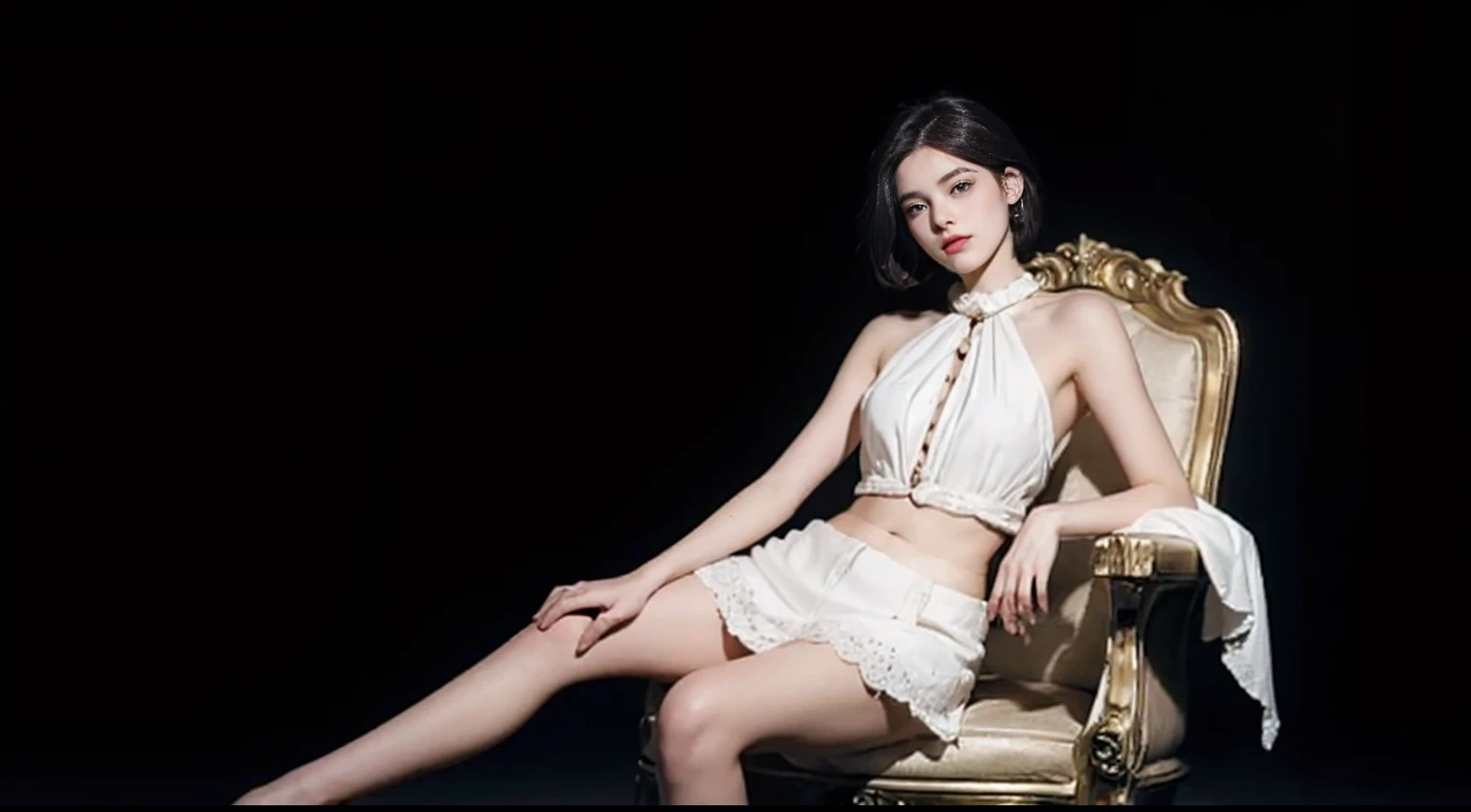 Emma Watson,Raised sexy,Long legs,extend both feet forward,Barefoot,White bra,Sit on the throne of the palace,Domineering queen