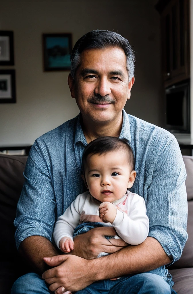 Man sitting on a couch holding a baby in his arms, pai com filho, with a kid, papai/paterno, pai, home fotografia retrato, imagem retrato, Marcos Ariano, retrato detalhado, Retrato de 50mm, jovem bonito, Raphael Personnaz, menino bonito, Rick Dai, paterno, papai, Retrato de 60mm