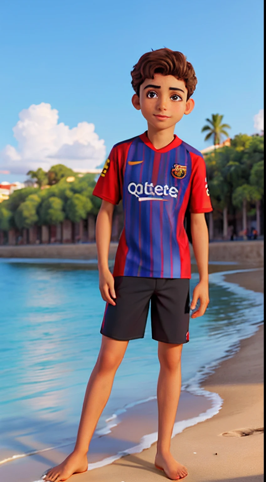 (Masterpiece),um garoto (solo) 16 anos,pele escura,camisa  do Barcelona temporada 14/15,short preto numa praia,melhor qualidade,8k