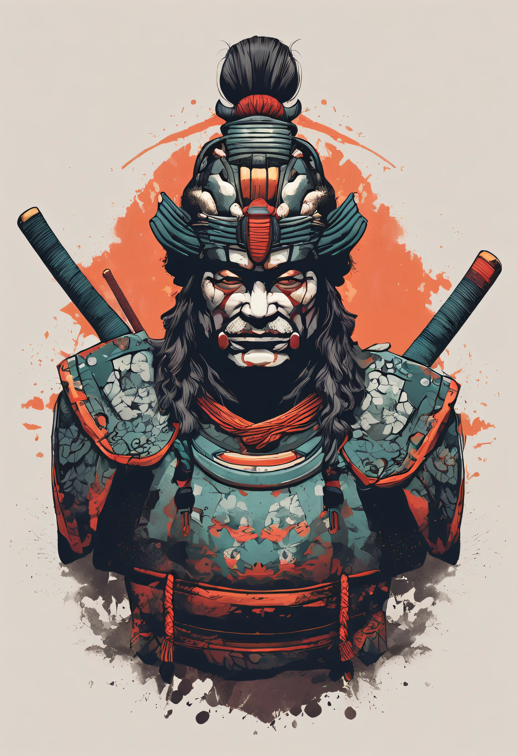 (((Front view))) Samurai head isolated on white background, low poly, retro aesthethic, Character Focus, cinema4d, 4K resolution, Complementary natural tones, Traditional colors