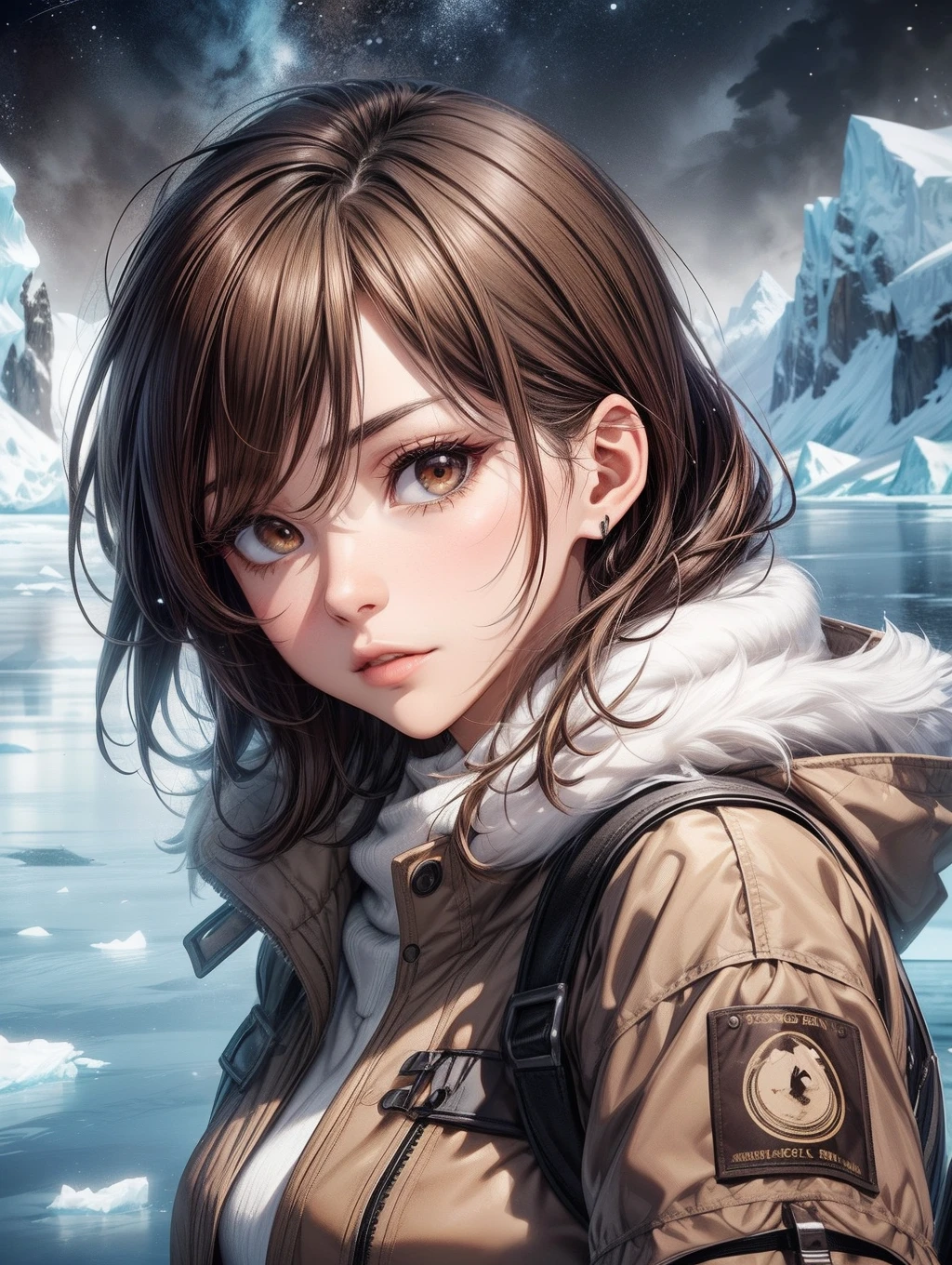 Best Quality, masutepiece, beautiful mature women、Beautiful face、Strong-minded woman、tshirts、brown haired、Brown-eyed、Longhaire、Undersized eyes、Khaki winter clothes、((Arctic background))、aboard、drift ice、Full body like