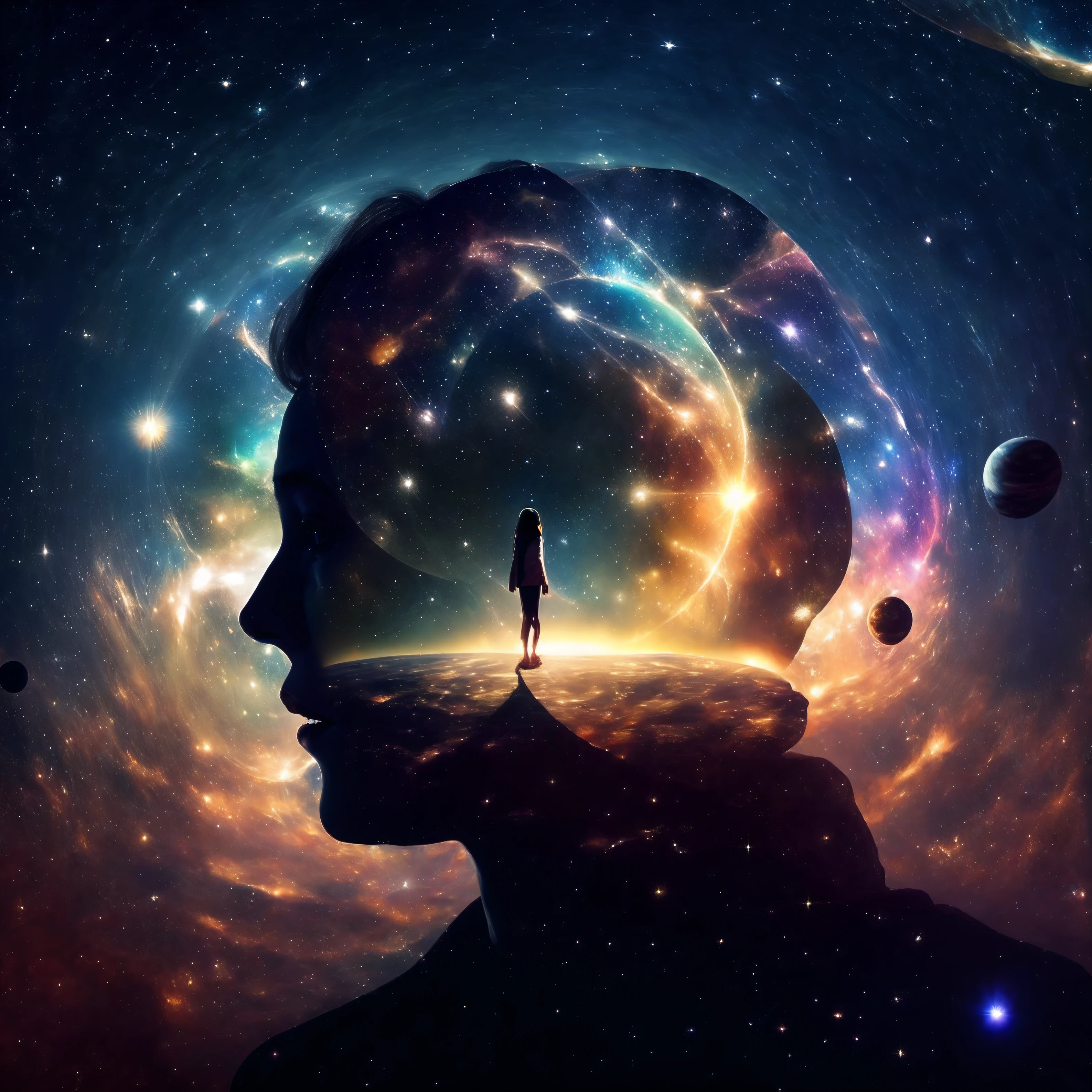 A woman stands in front of a space full of planets, Your mind is thinking about eternity, Consciousness projection, The face melts in the universe, they reach into his mind, The rise of consciousness, Raise awareness, Mind exploration, The pull of consciousness, Infinite consciousness, cosmic enlightenment, On the starlight plane ) ) ), Existence across dimensions, Sense of distribution