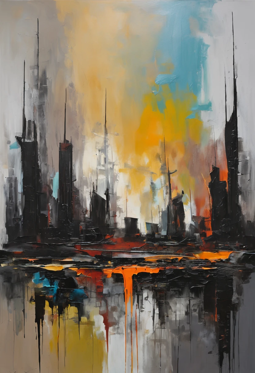 "Cityscape of a post-apocalyptic future, devoid of any signs of life, characterized by striking paint strokes and a palette of dark colors."