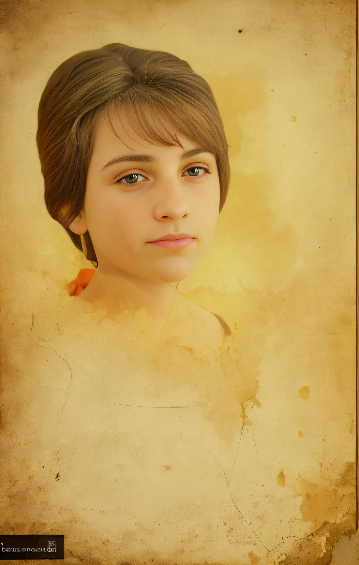 Fotografia de um menino com uma camisa marrom sem mangas, fotografia antiga realista, foto antiga realista, retrato pintado centrado no lado, em papel velho, post grunge portrait, foto granulada danificada, foto danificada, foto envelhecida, retrato pintado centralizado, retrato 4 / 3, foto muito antiga, foto riscada, estilo de foto antigo, Parece Ebru Sahin, retrato pintado