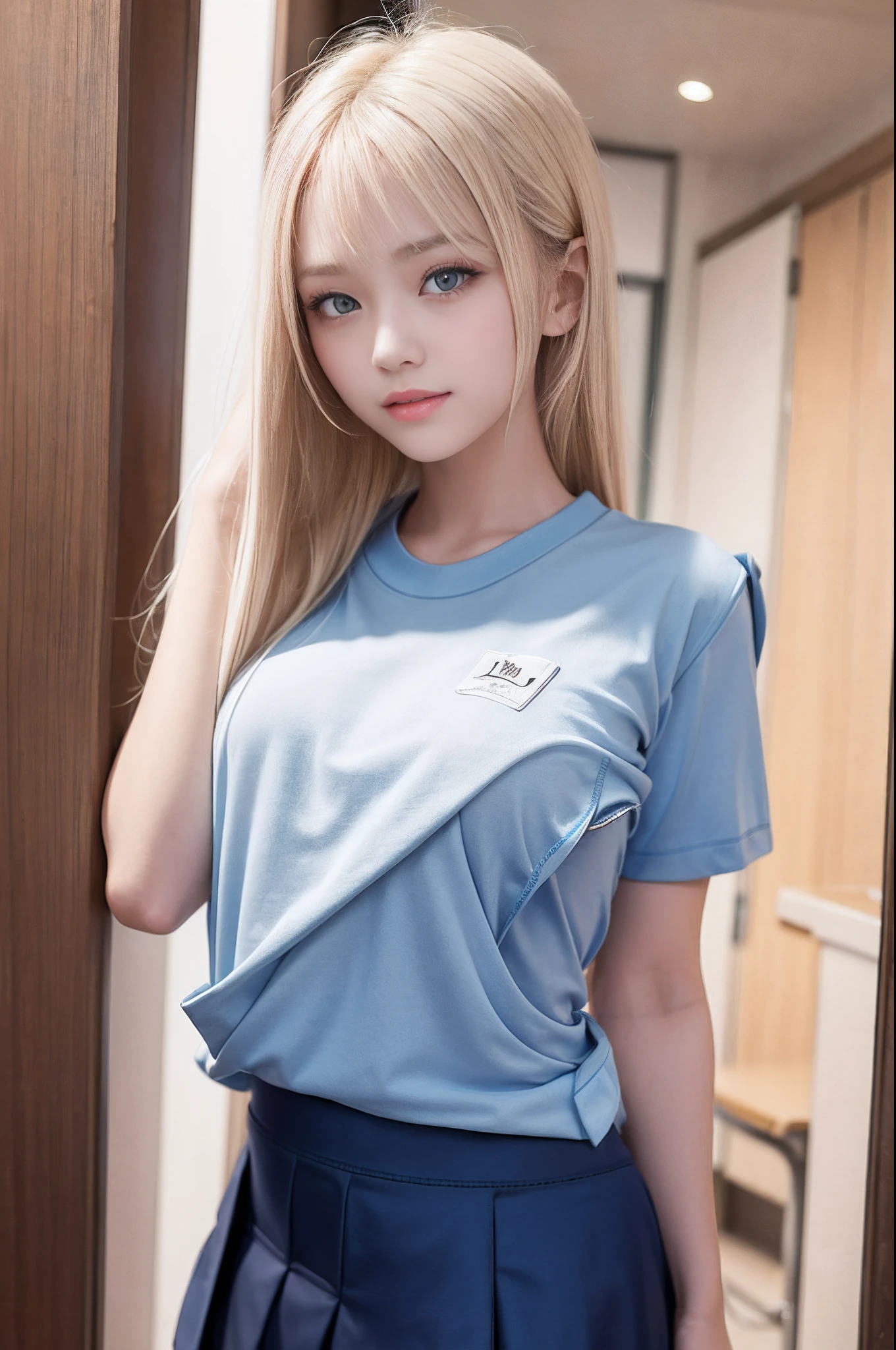 portlate、bright expression、poneyTail、Young shiny shiny white shiny skin、Best Looks、Blonde reflected light、(Platinum blonde hair with dazzling highlights)+、shiny light hair,、Silky straight hair、Beautiful bangs that shine、Glowing crystal clear attractive big blue eyes、Very beautiful nice cute girl、Lush bust、Seduce with the eyes of the camera、Show thighs、((school shirt:1.5))+、smil、(adult appeal:1.2)、excited、Plump body、((School skirt with many folds:1.5))、1 girl in、Seduce with camera gaze,Long length、nipples are pinched、