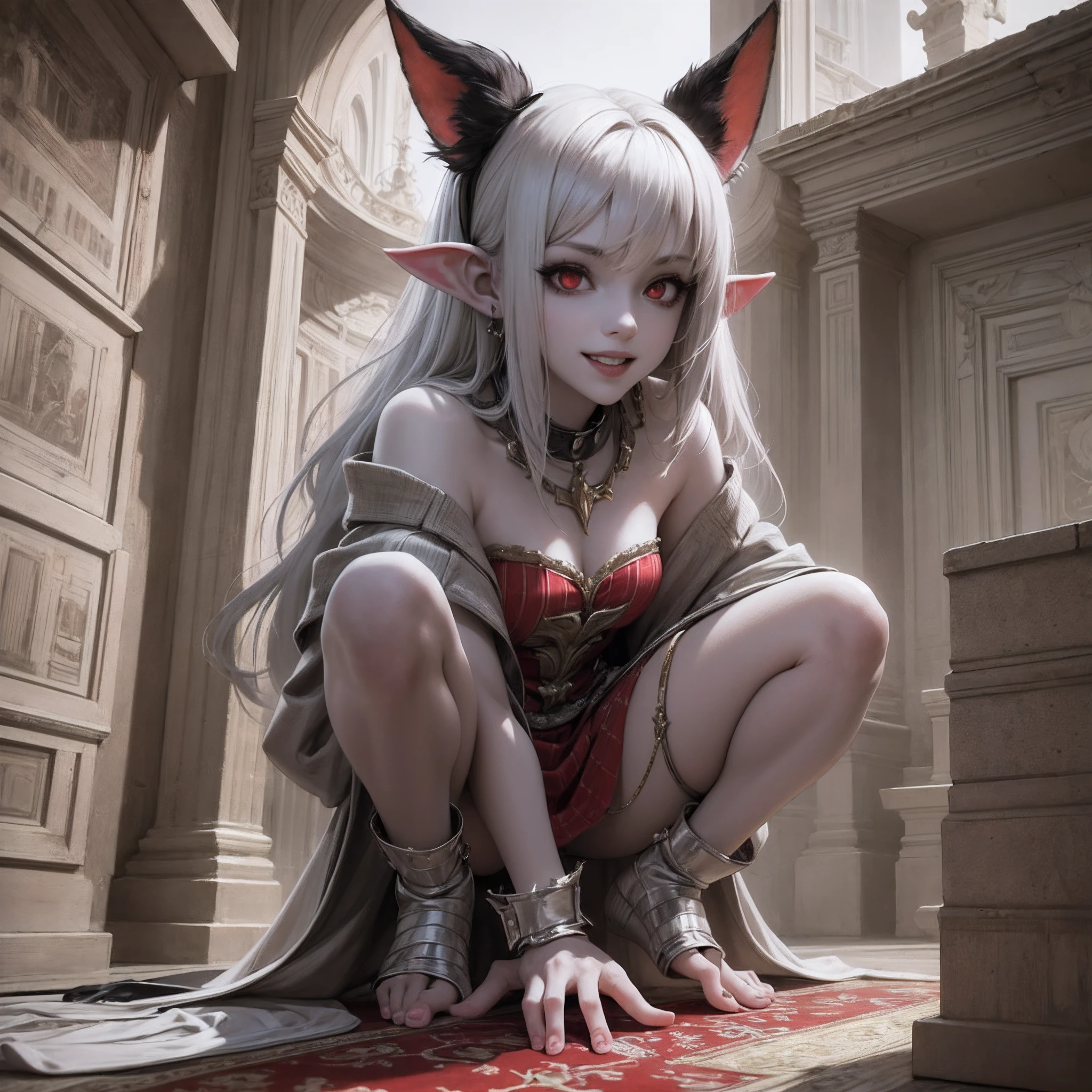 1girl, anime, 3d, like a league of legends, vampire girl, very gray skin, pale, zombie clean skin, red eyes, long ears, focusing on the feet, perfect fingers, sitting, squatting, scary smile,  crazy --auto --s2