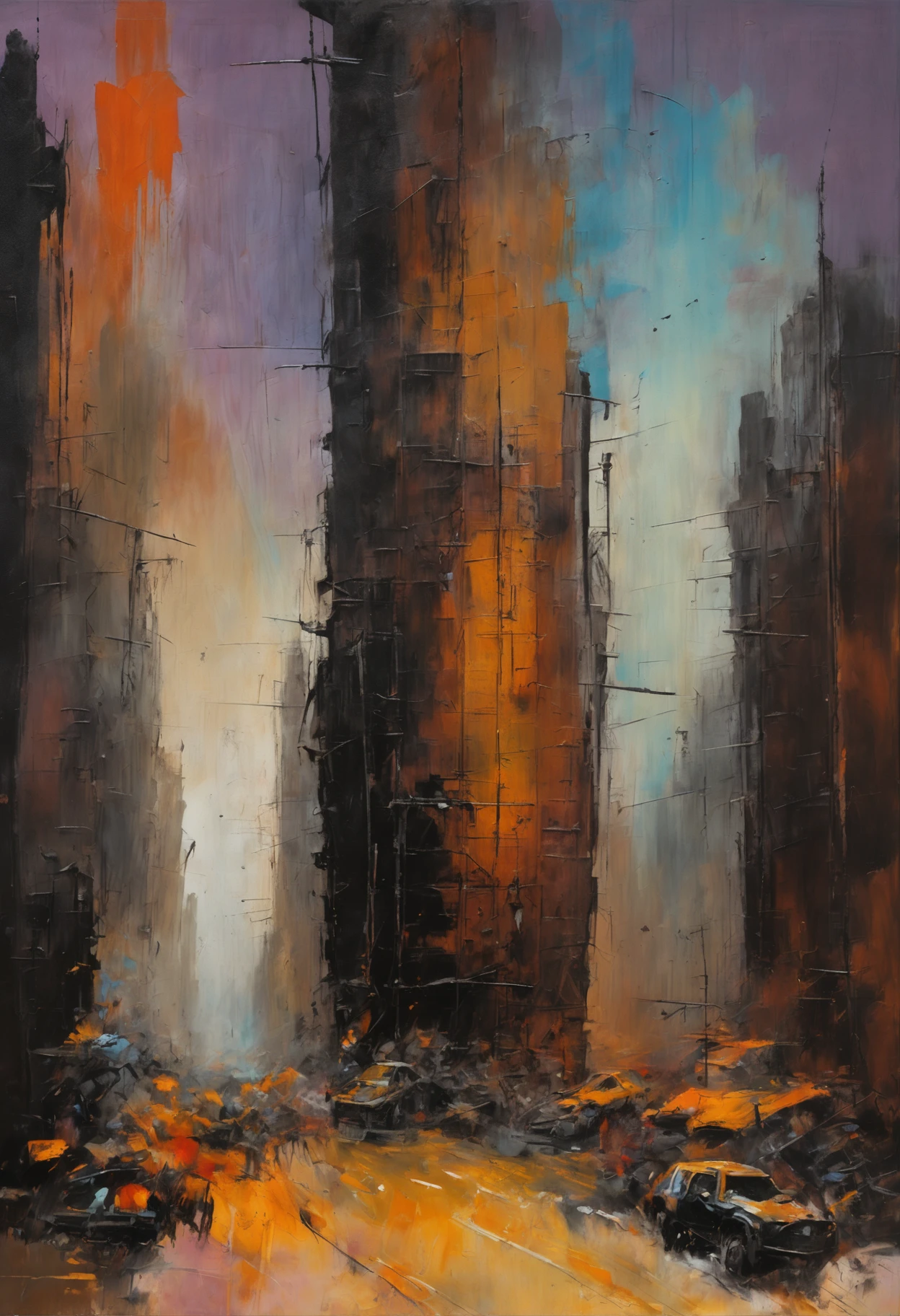 "Cityscape of a post-apocalyptic future, devoid of any signs of life, characterized by striking paint strokes and a palette of dark colors."