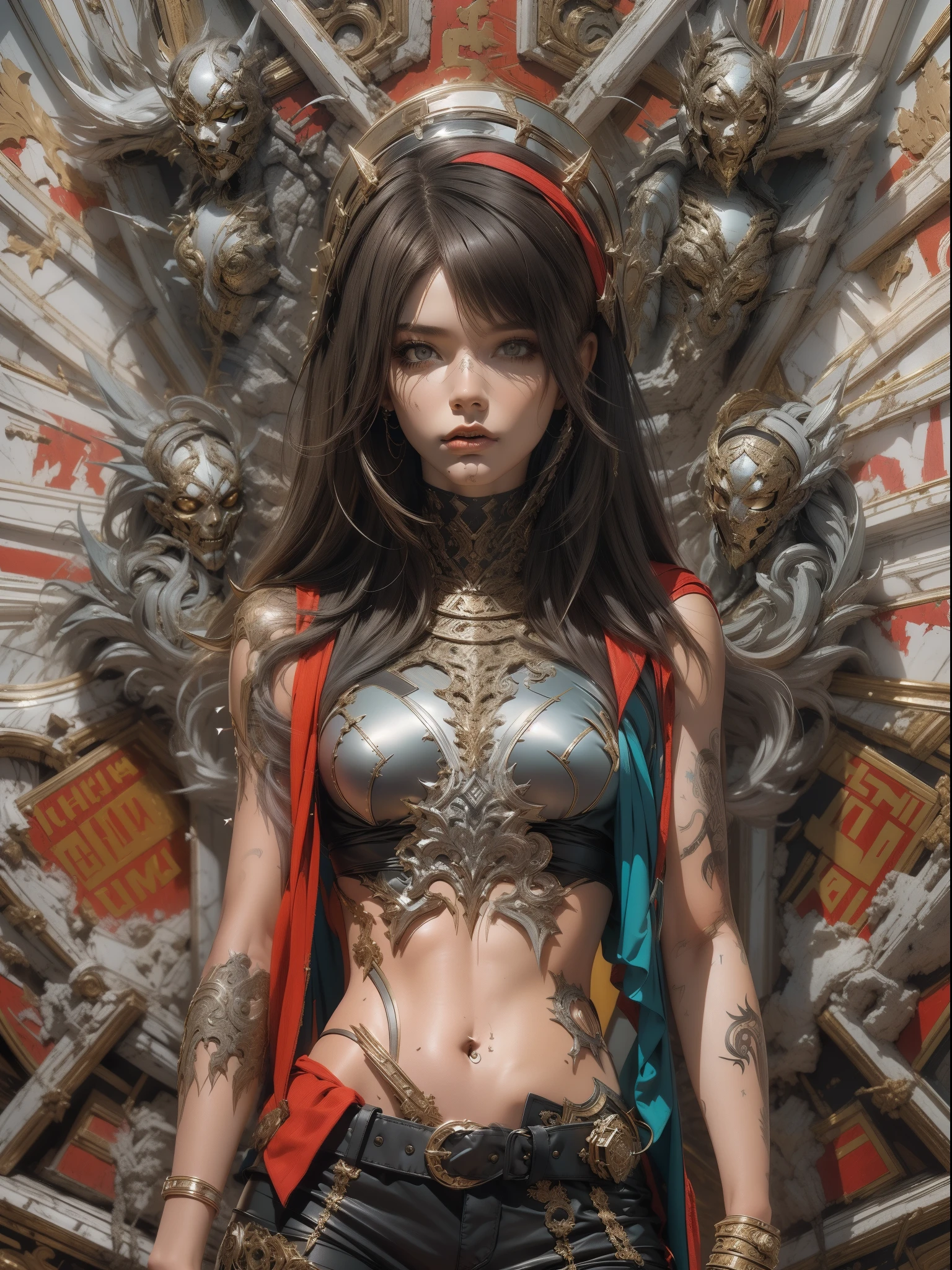 (((mulher))), (((melhor qualidade))), (((obra prima))), (((adulto))), (((1girl))), ((( corte de cabelo bob ))), Uma gladiadora cyberpunk mulher de 25 anos com corpo perfeito, shoulder pads with metal spines, Gladiadores do Brooklyn, (( corte de cabelo bob )), tiny leather panties, camiseta de time de rugby rasgada, quase nua no estilo selvagem urbano de Simon Bisley para a capa da revista Heavy Metal, Cabelo loiro curto, Minimum clothing, Metal protection on the left arm with intricate graphics, Dark red with white stars and blue and white striped pattern, armadura, cheio de pontas e rebites, tatuagem de veneno (((do joelho pra cima))), cabelos loiro branco curto, no fundo uma parede pintada por Shepard Fairey com um design intrincado