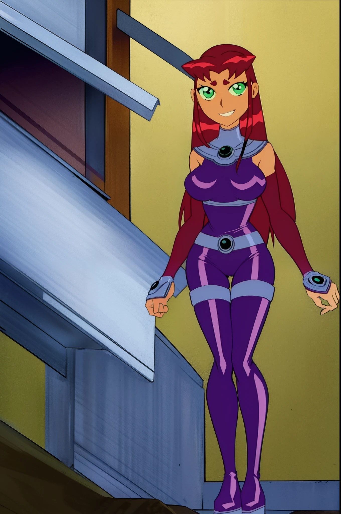, best quality, 1girl, starfire, red hair, long hair, green eyes, orange skin, crop top, midriff, miniskirt, thighhighs, thigh boots, solo, looking seductively at viewer, blushing intensively, solo, facing viewer, large beast, large ass, full body shot, dick in vagina, having vaginal sex, smiling, upskirt sex
