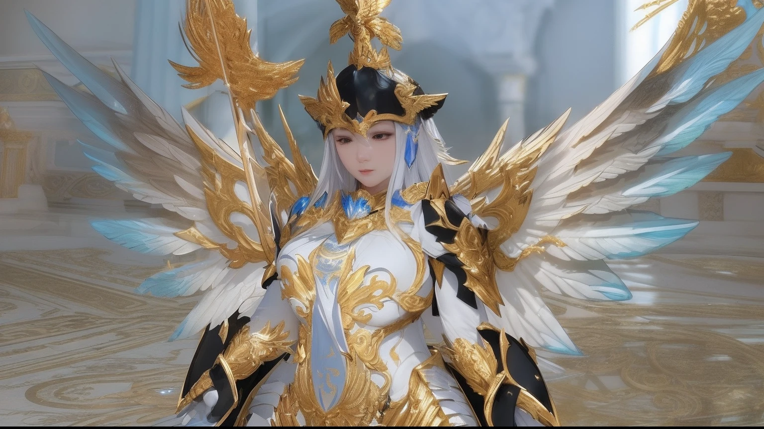 there is a woman dressed in a costume with wings and gold, angelic golden armor, intricate white and gold armor, from lineage 2, ornate white and gold armour, heavy white and golden armor, gold wings on head, archangel, gold paladin, inspired by Huang Shen, mystical atlantean valkyrie, lineage 2 revolution style