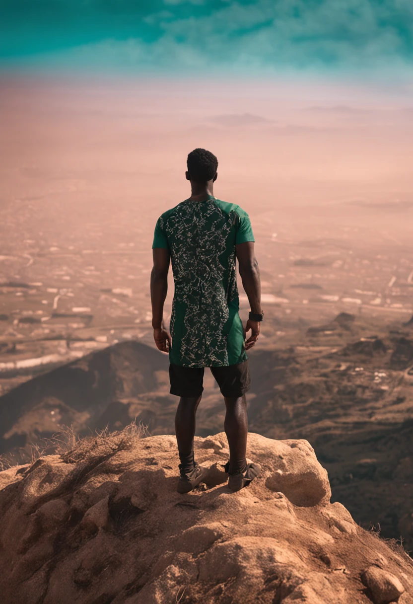 Homem meio elfo, magro, cabelos negros e esfarrapados, usando roupas esfarrapadas e sujas, em um acampamento em uma clareira.