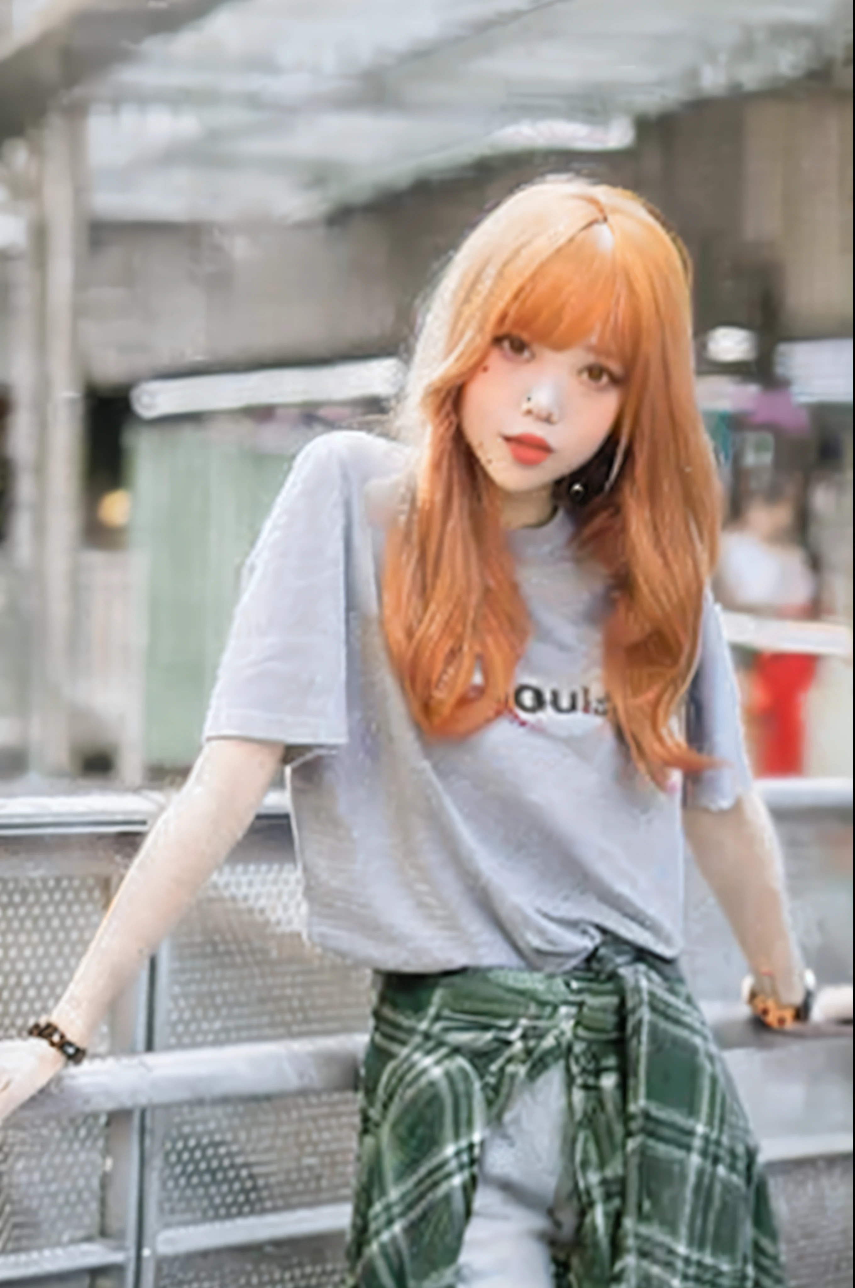 arafed woman with red hair leaning on a railing, long hair with bangs, lalisa manoban of blackpink, lalisa manobal, with bangs, with full bangs, neat hair with bangs, long hair with full bangs, she has long redorange hair, ulzzang, bangs and wavy hair, she has long orange brown hair
