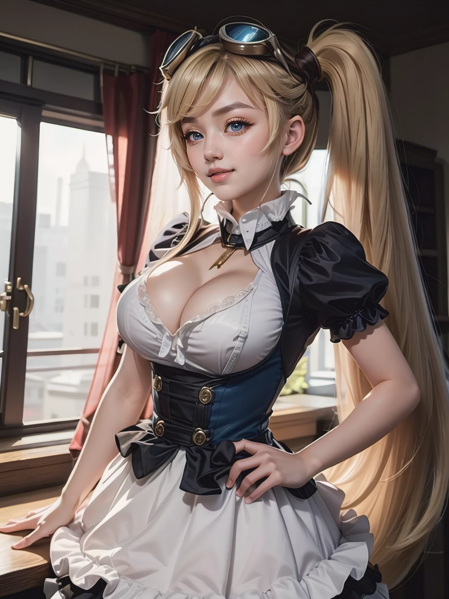 Masterpiece, super detailed, extremely detail, ulzzang,1girl, side Bangs,portrait,,happy face, (aegyo-sal:1.2),(large breast:1.2),unreal engine 5,((long hair, twin side ponytail:1.2))blond hair, ((maid,mlbb clothes)), (short Sleeve, Peter pan collar,midi skirt),smile,blue eyes,sharp eyebrow,eye shadow, looking at viewer