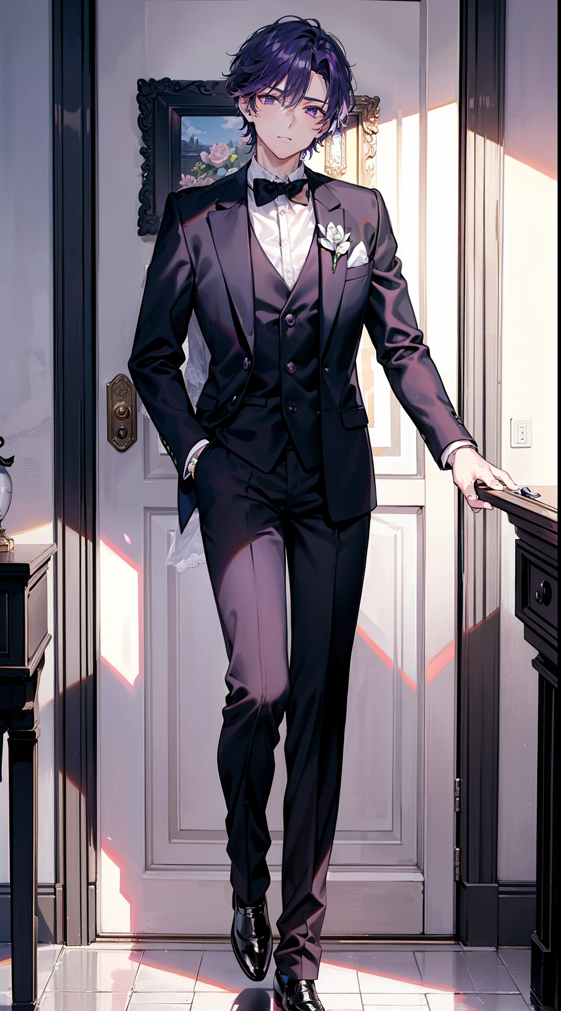 masterpiece, (bestquality), highlydetailed, ultra-detailed,1 boy, purple hair:1.5), (Beautiful Boys),(shoun),Full Length Shot(FLS),(beautiful face, cute expression), ( charming), detailed purple eyes,(elegant groom), (black suit), (white shirt), (black bow tie), (well-fitted), (shiny shoes), (clean-shaven), (gelled hair), (expressiveless), (wedding ring), (boutonniere), (classic lapel pin), (pocket square), (subtle check pattern), (tailored fit)