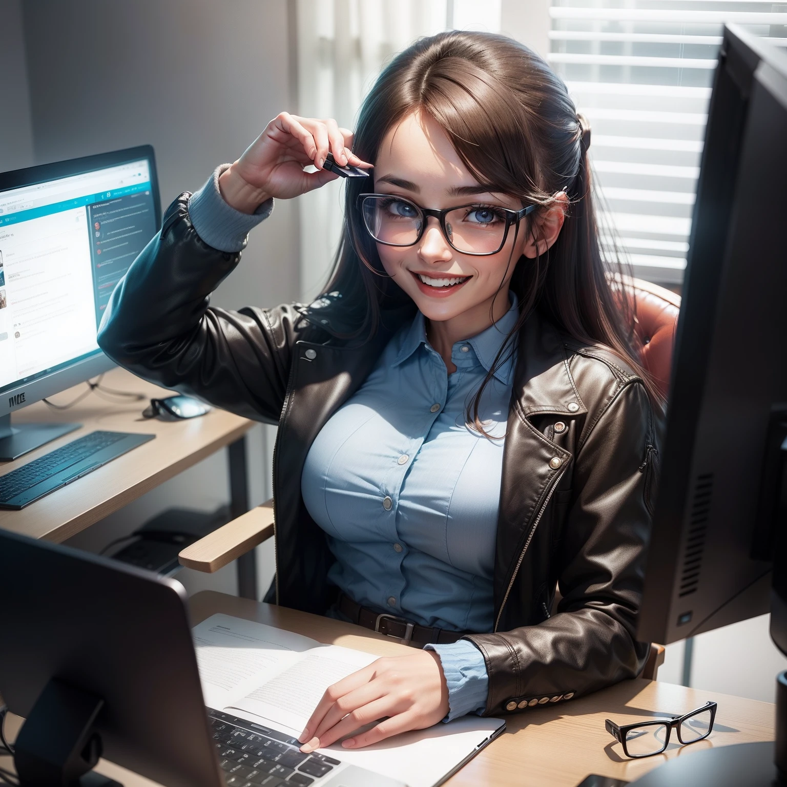 Woman sitting near table, computador na mesa, usando casaco, eyeglass, with an excited smile on his face and celebrating a victory, In a futuristic setting